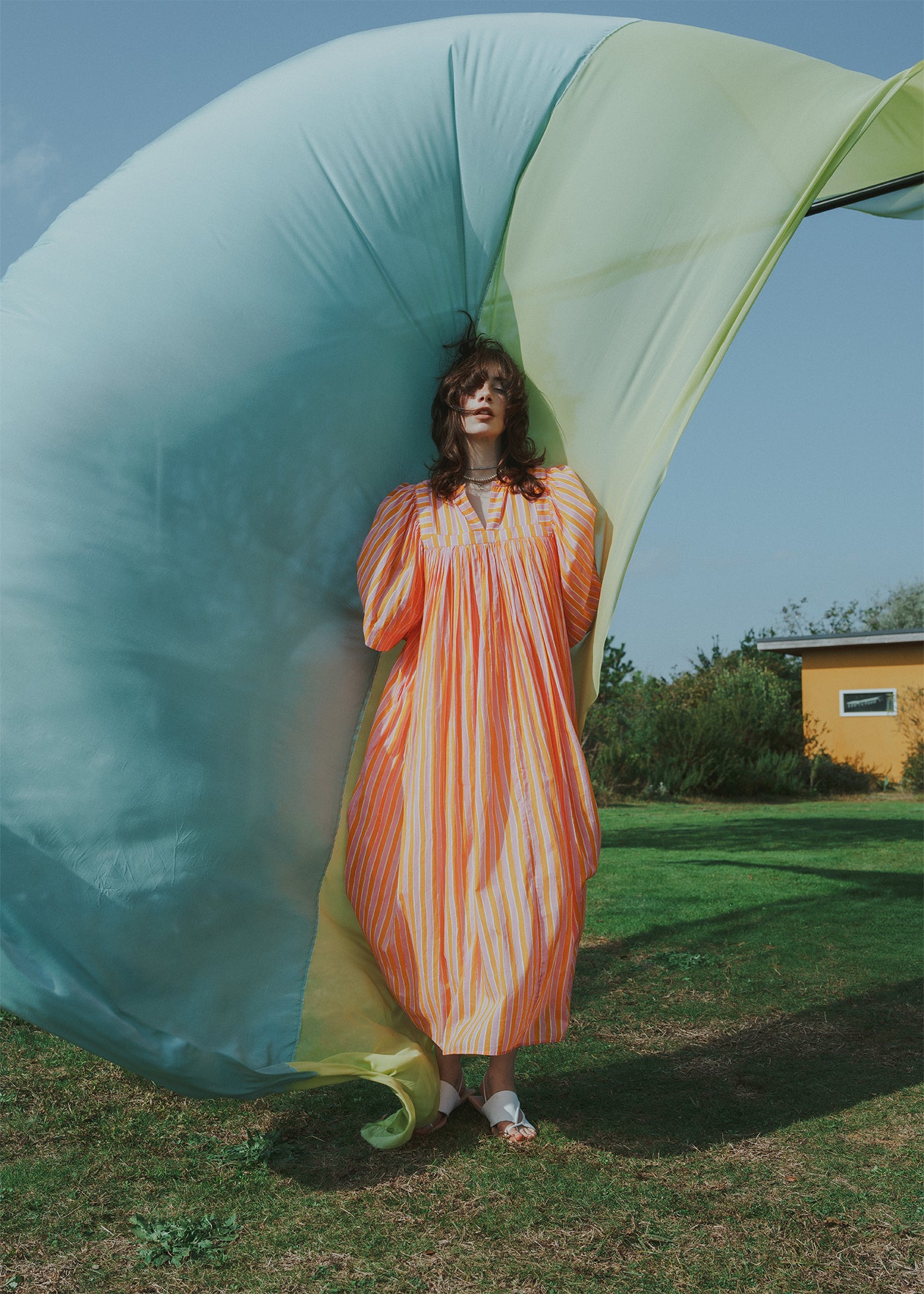 Cotton Wave Stripe Print Half Sleeve Gather Dress