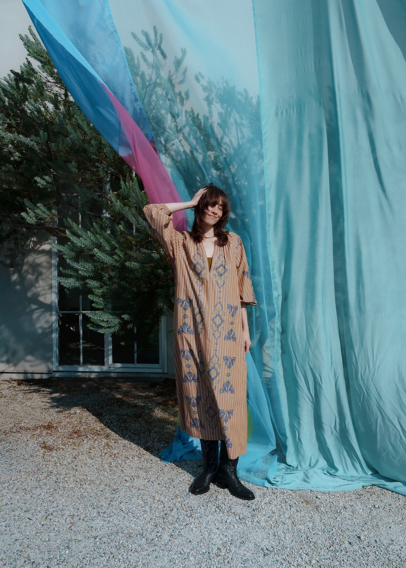 Cotton Aari Embroidery Stripe Dress