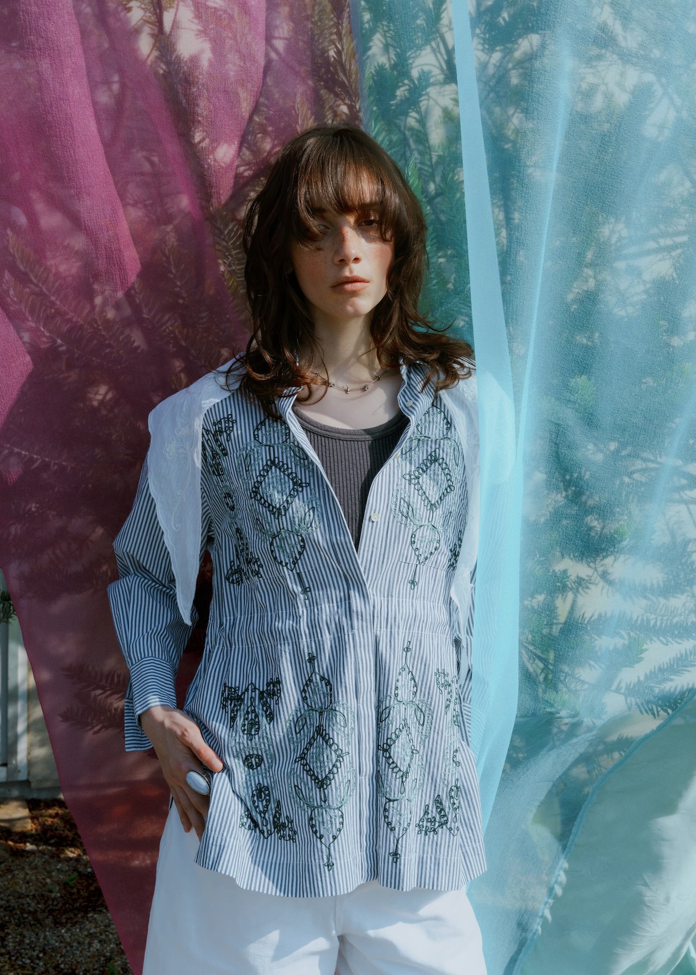 Cotton Aari Embroidery Stripe Shirt