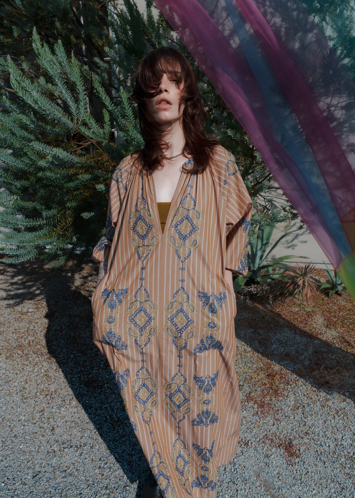 Cotton Aari Embroidery Stripe Dress