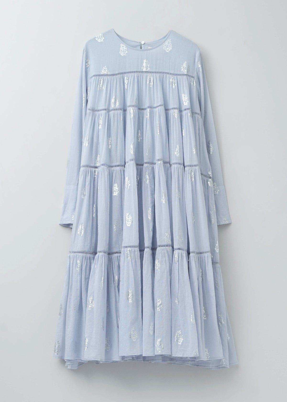 Cotton Voile Foil Flower Print Tiered Middle Length Dress | Pasand 