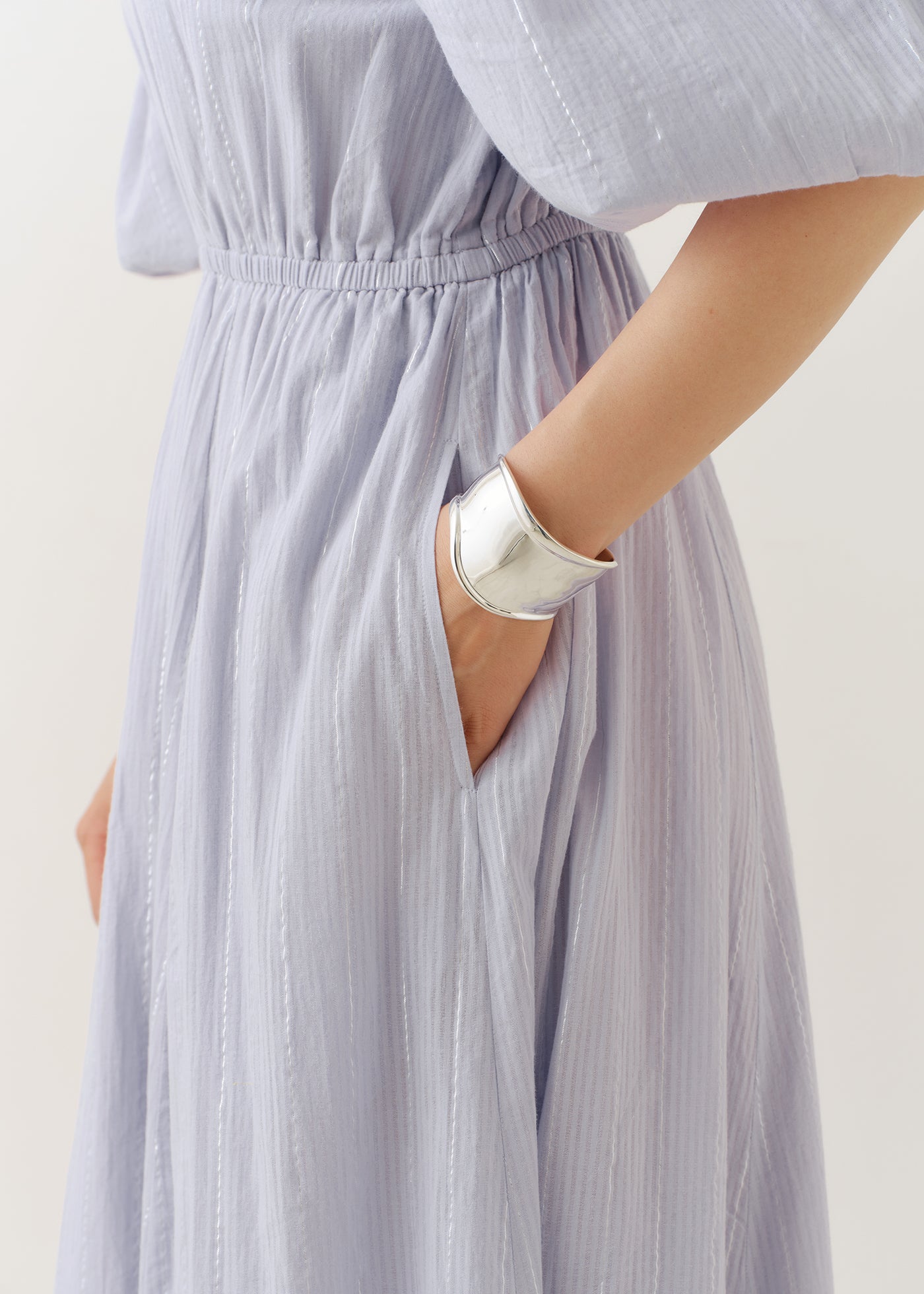 Cotton Lurex Stripe Volume Sleeve Dress