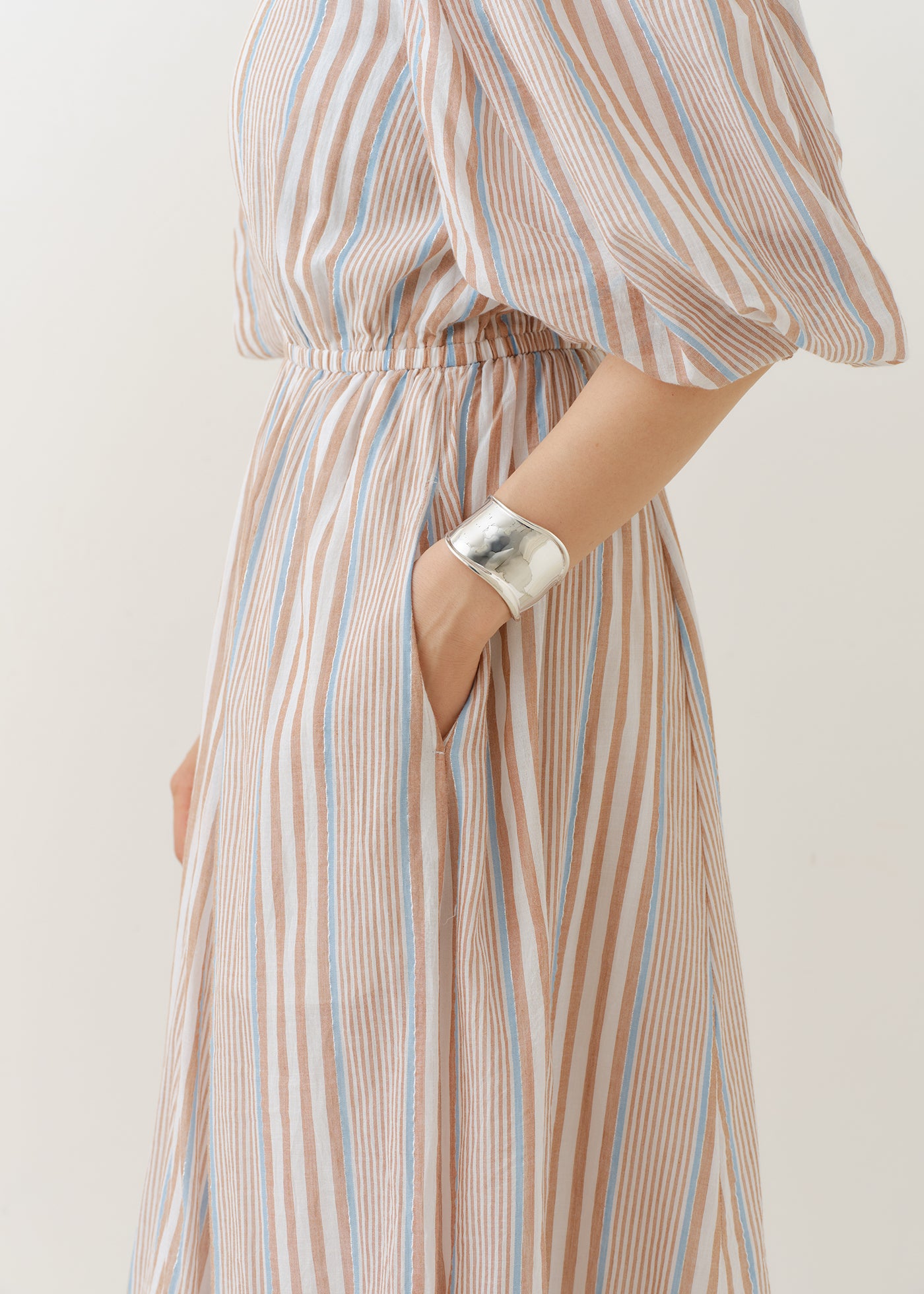 Cotton Voile Stripe Volume Sleeve Dress