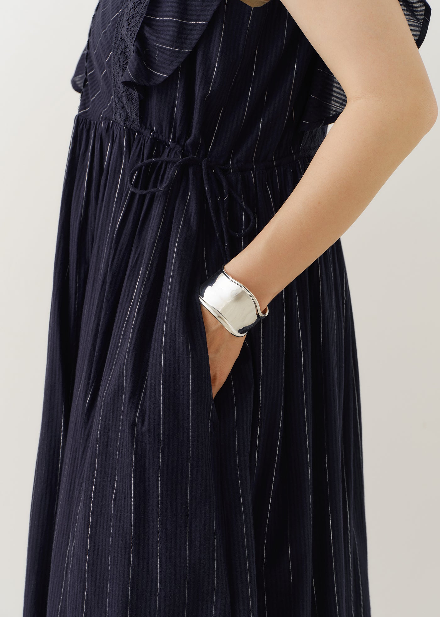 Cotton Lurex Stripe Frill Sleeve Dress