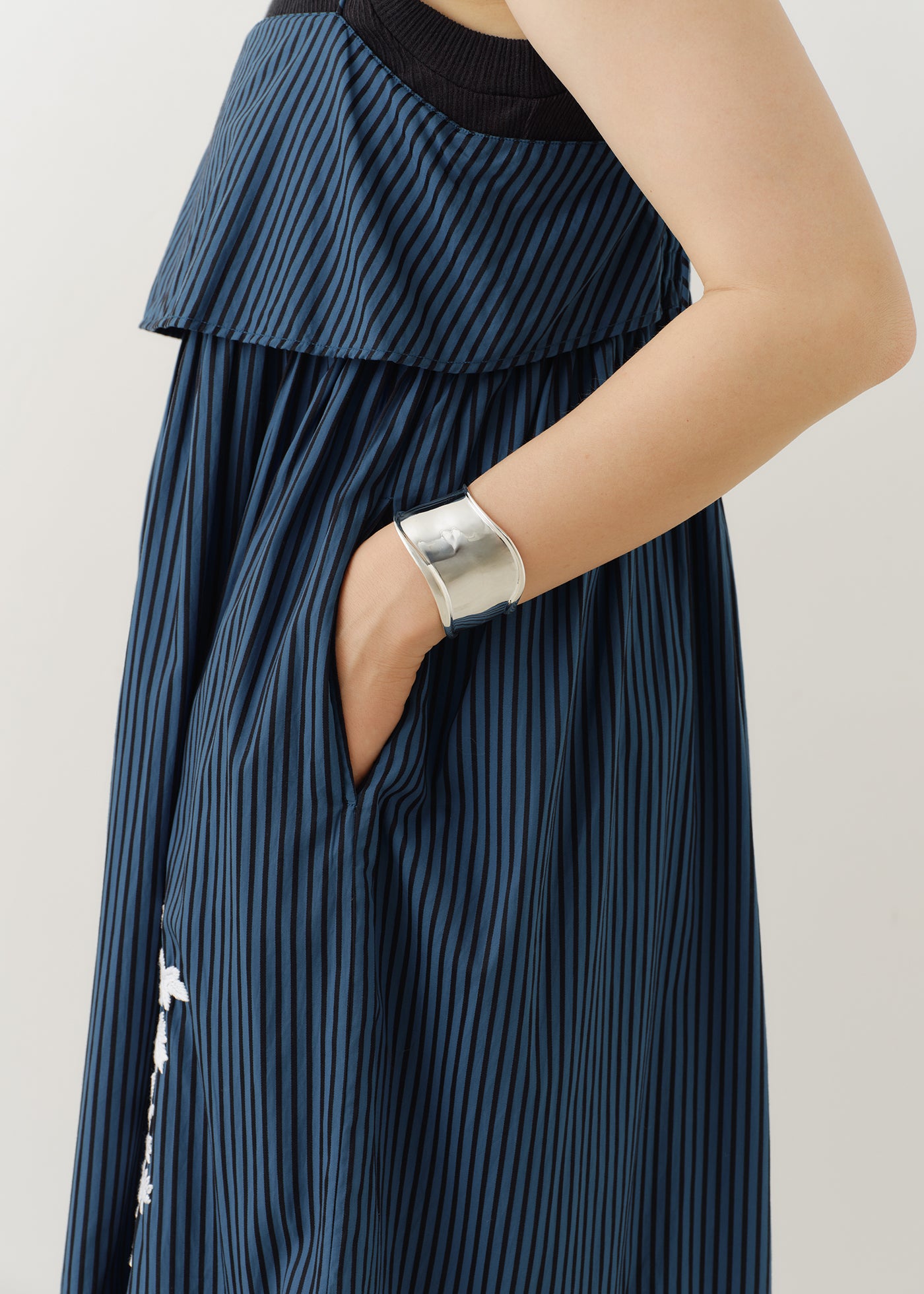 Poplin Stripe Chikan Embroidery Cami Dress