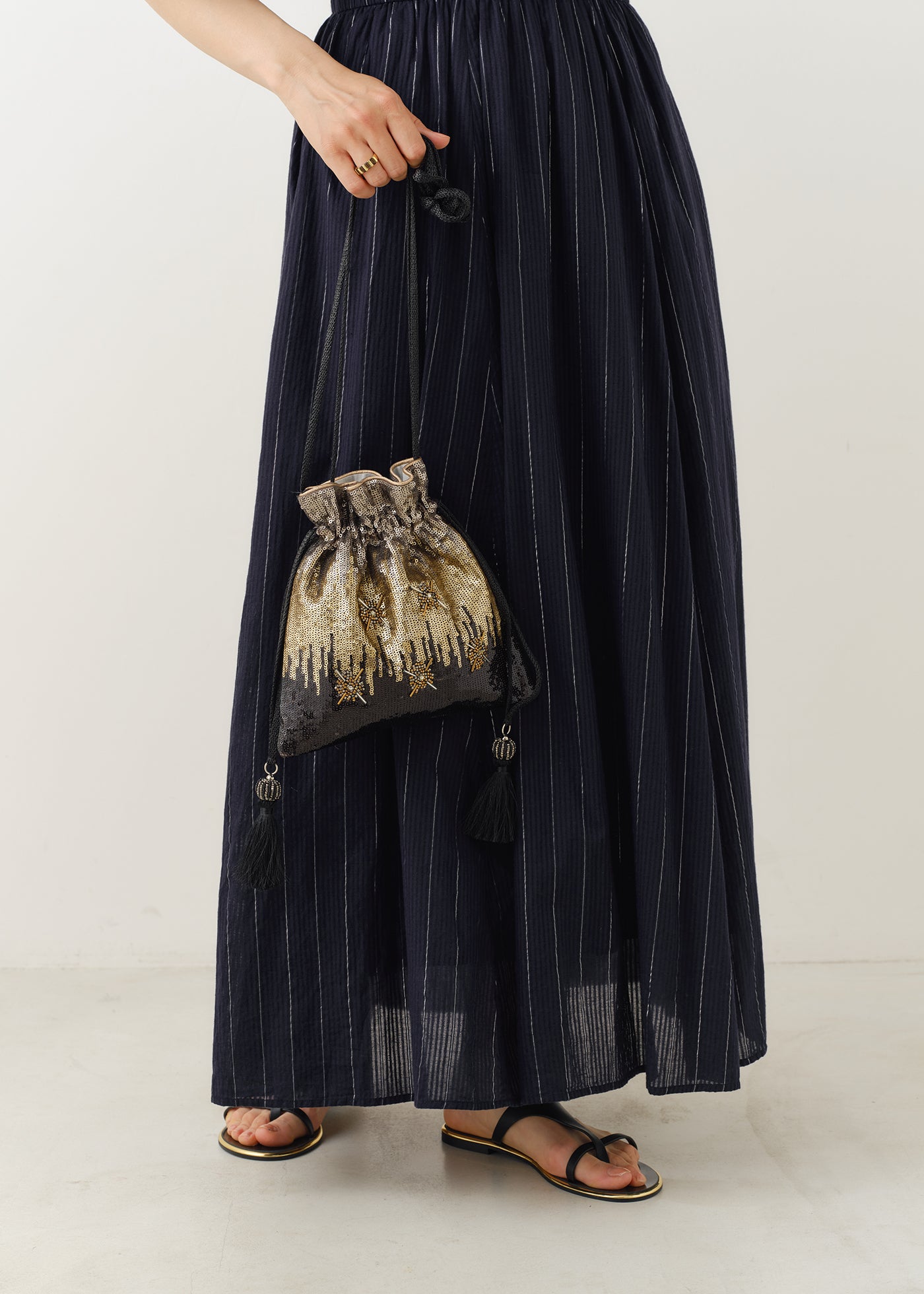 Cotton Lurex Stripe Volume Sleeve Dress