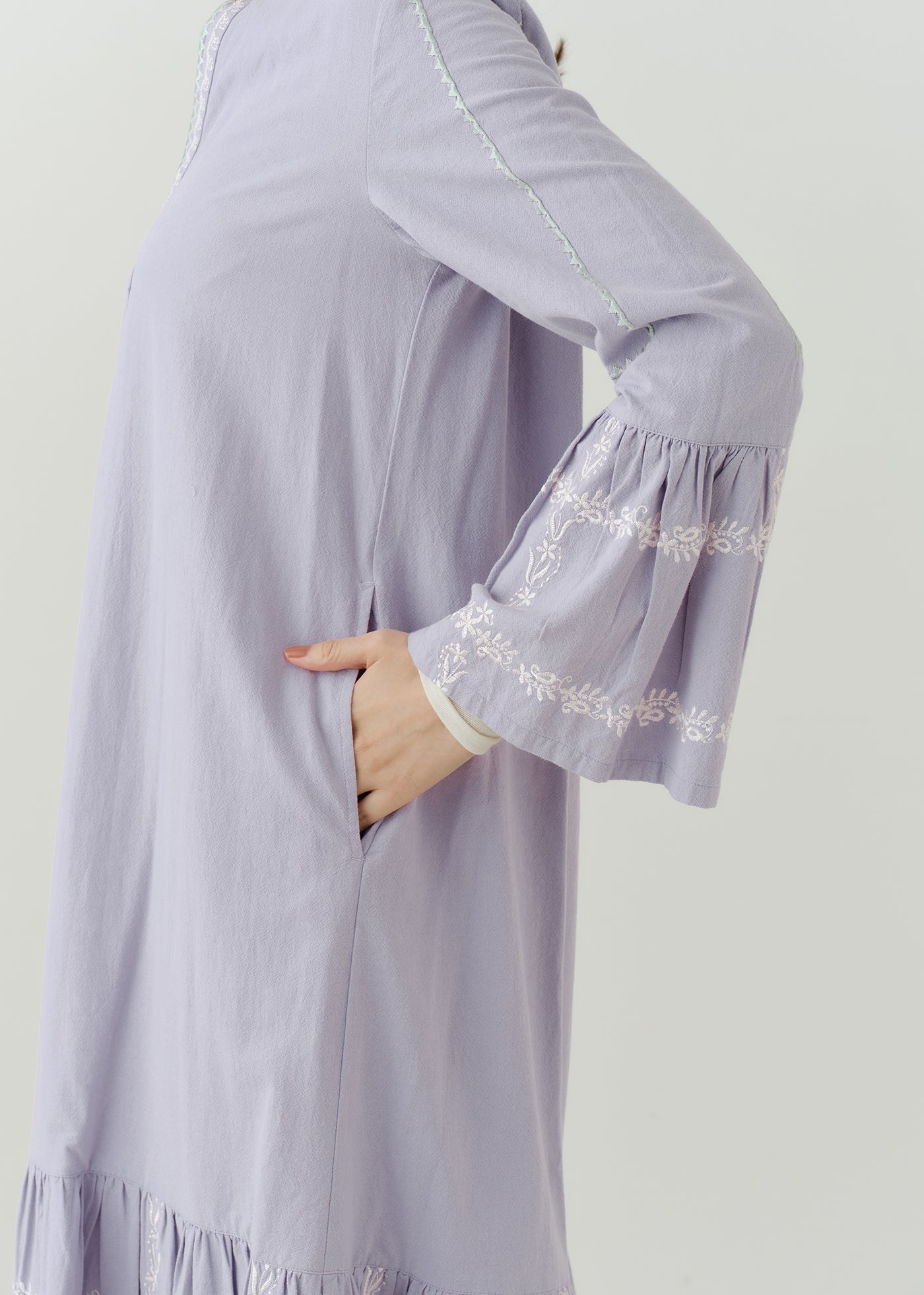 Crimp Cotton Check Emb Flare Cuff Dress