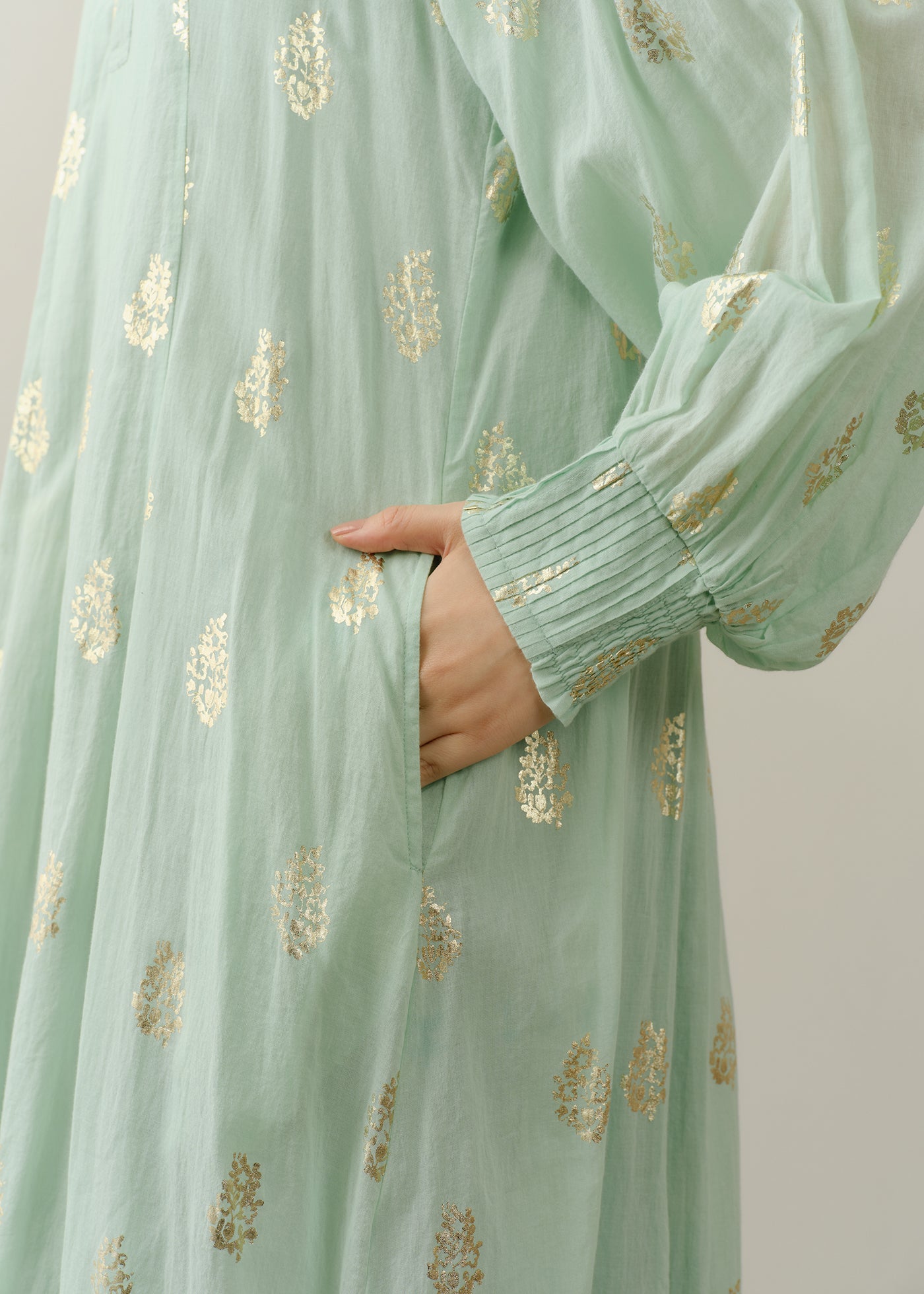 Cotton Voile Foil Flower Print Sleeve Dress