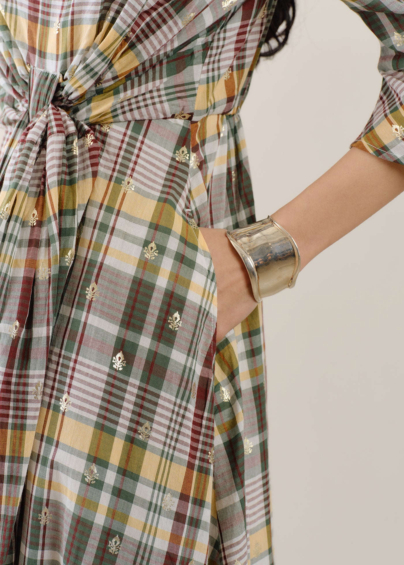 Cotton Foil Print Twisted Waist Dress