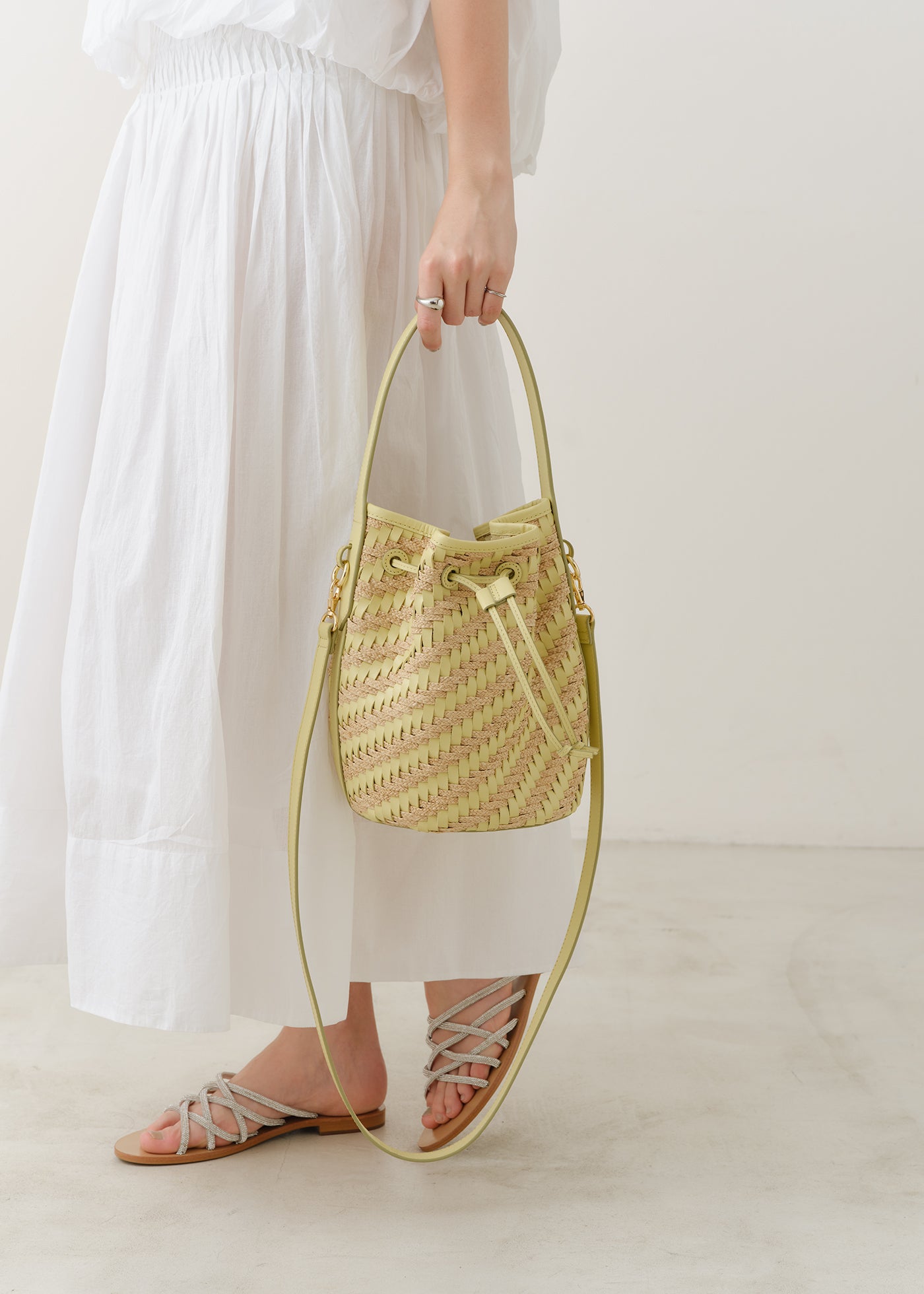 Leather Raffia Bucket Bag