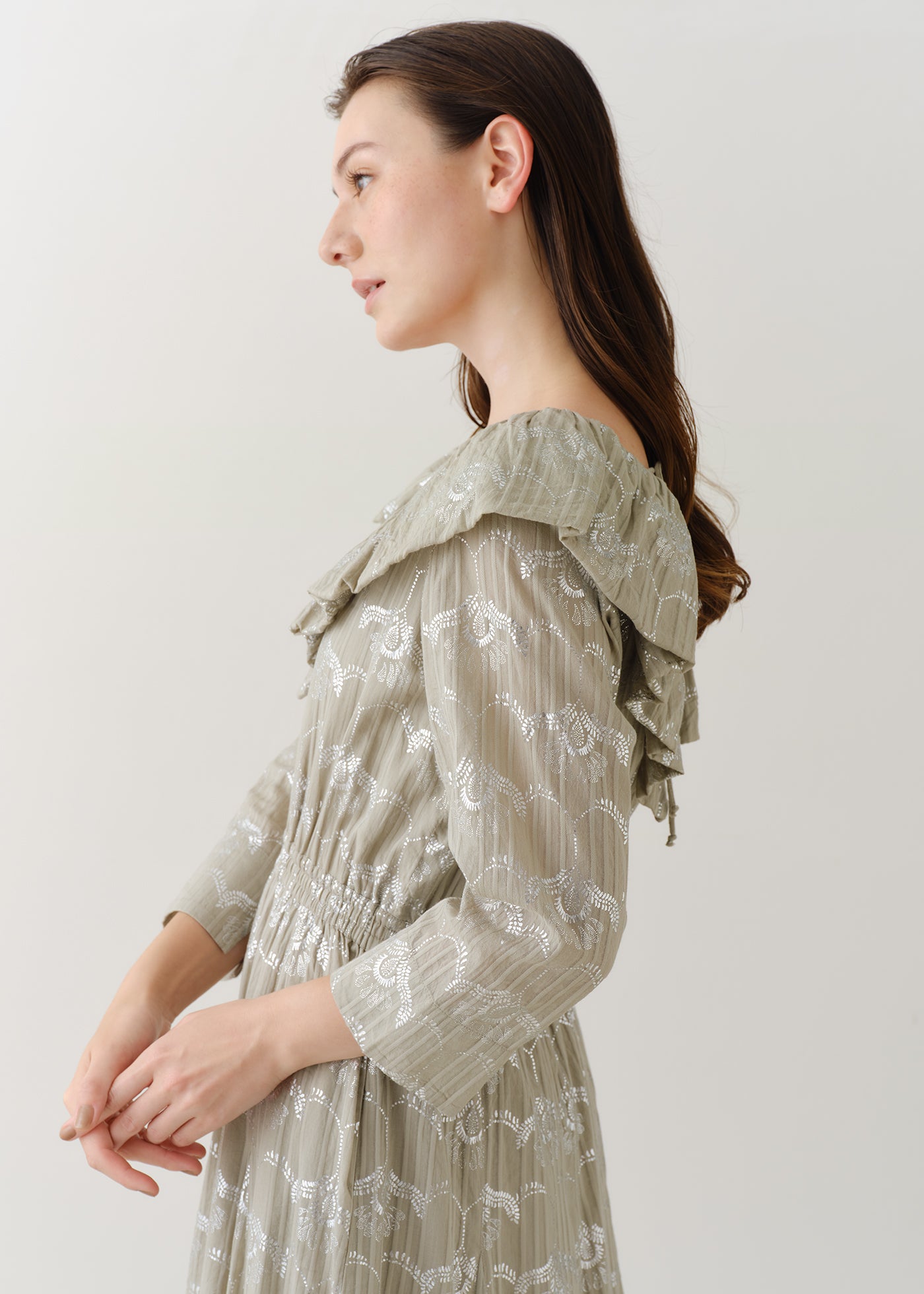 Cotton Dobby Wave Flower Foil Print Frill Collar Dress