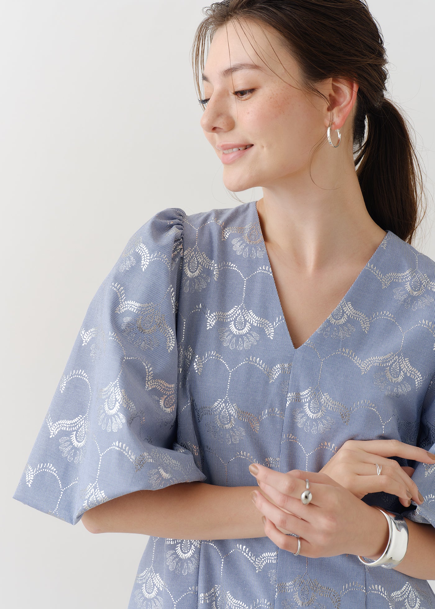 Cotton Stripe Wave Flower Foil Print Dress