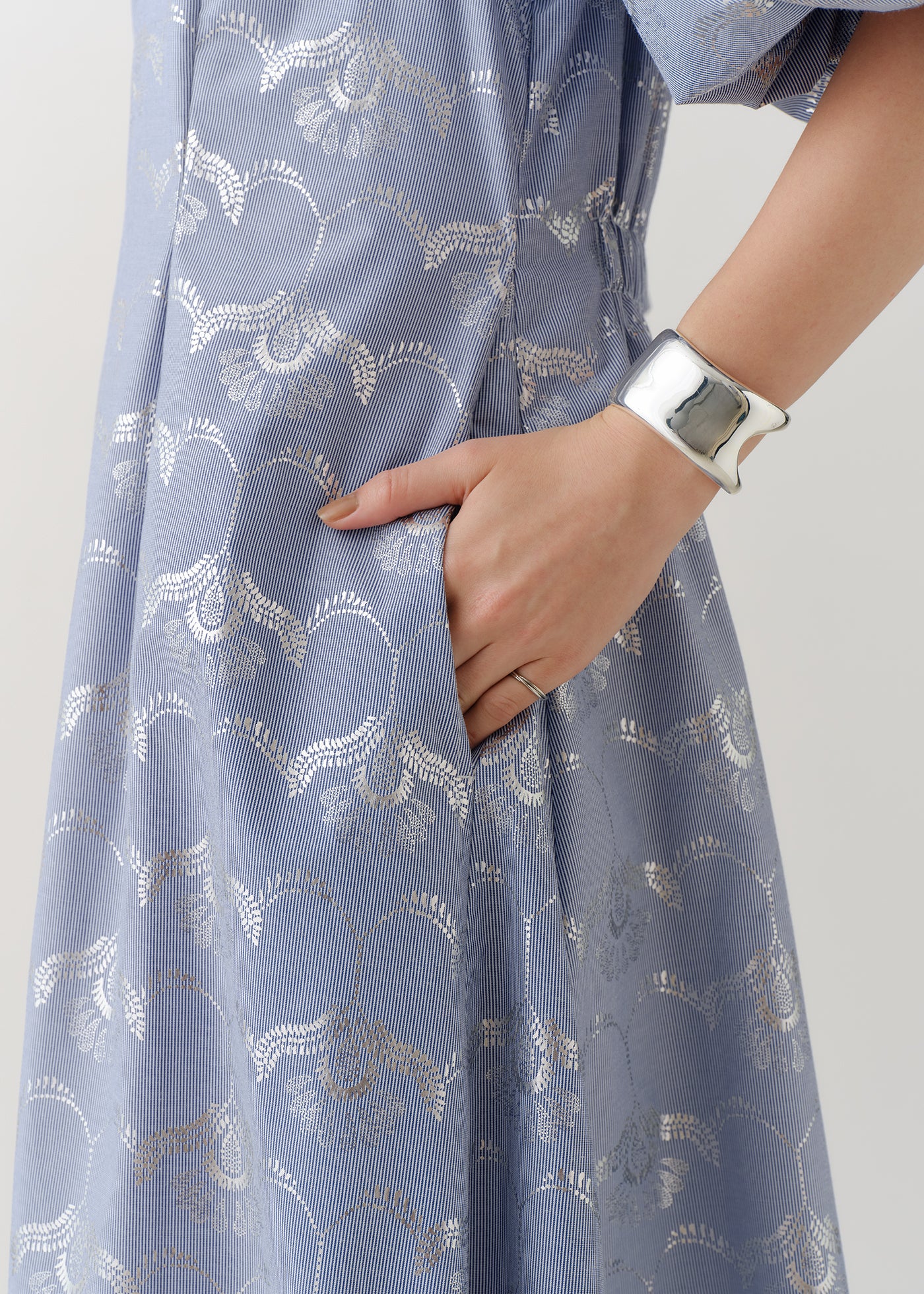 Cotton Stripe Wave Flower Foil Print Dress