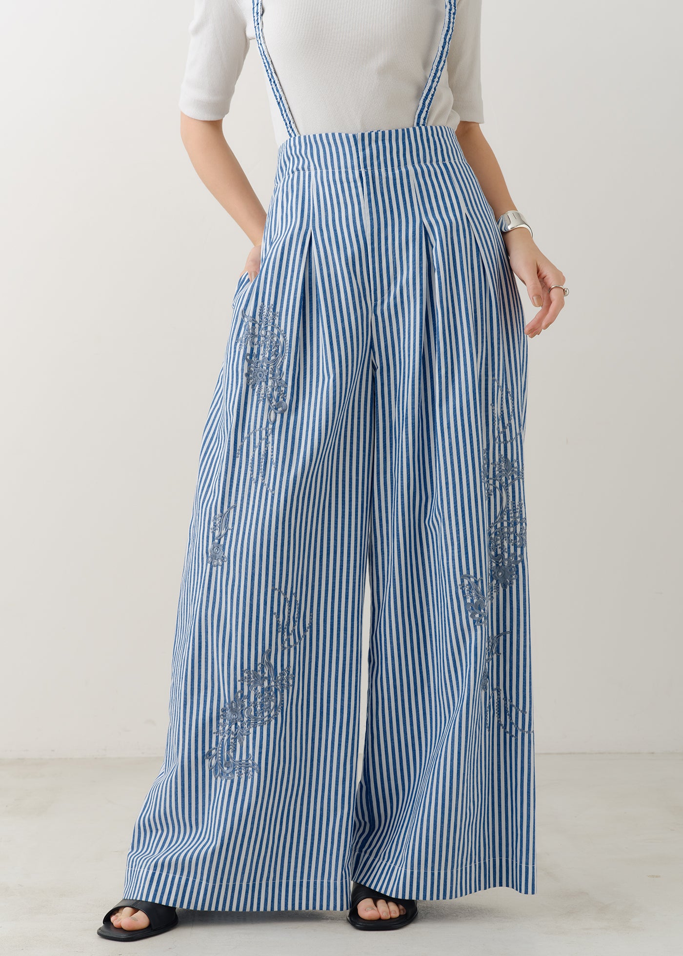 Cotton Stripe Ivy Flower Embroidery Pants