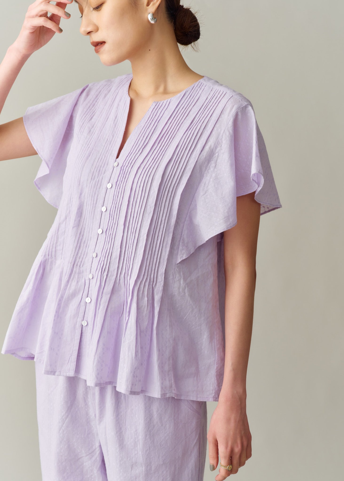 Cotton Jacquard Pin Tuck Blouse