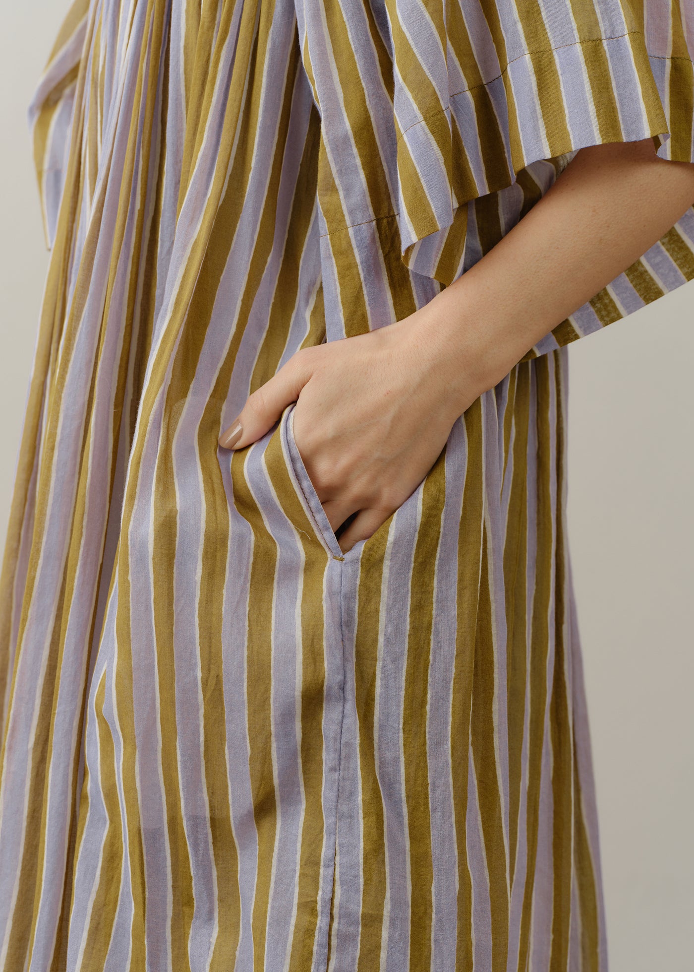 Cotton Wave Stripe Print Half Sleeve Gather Dress