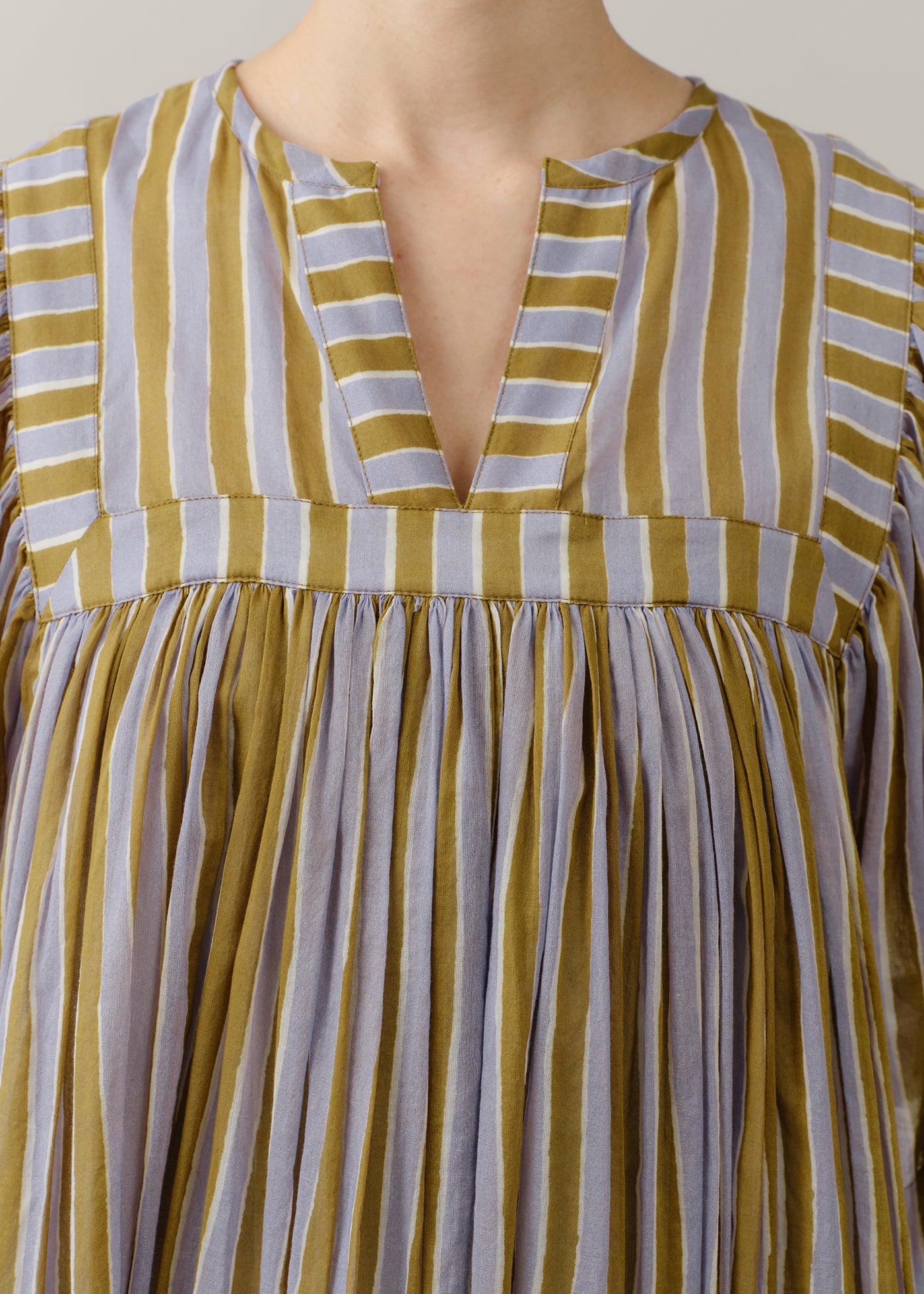 Cotton Wave Stripe Print Half Sleeve Gather Dress