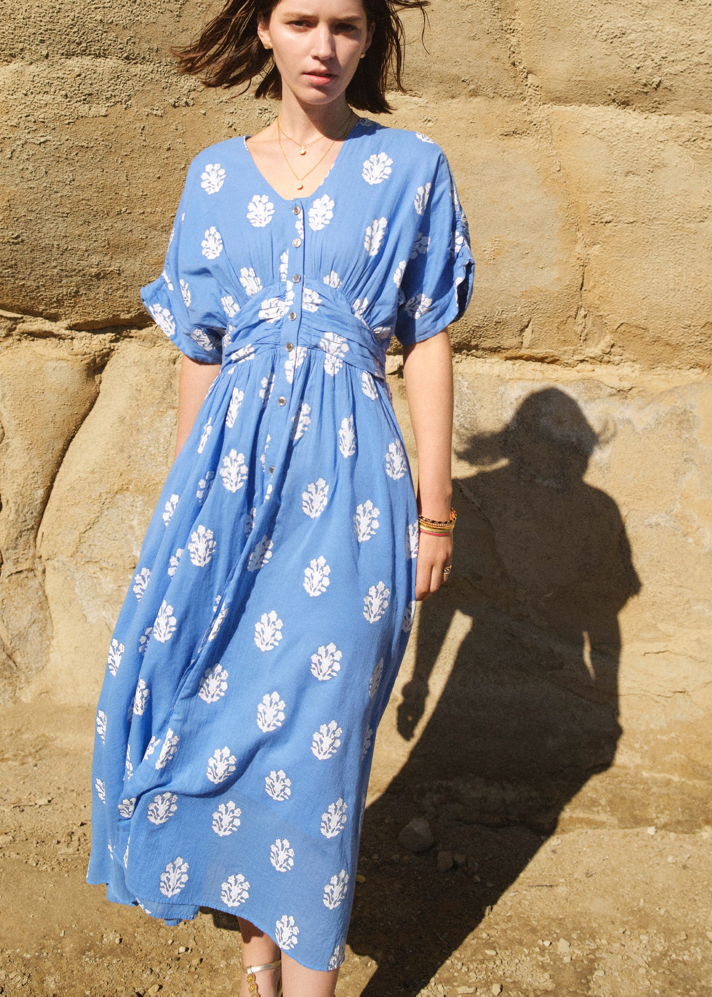 Cotton Voile Sedum Foil Print Waist Gather Dress