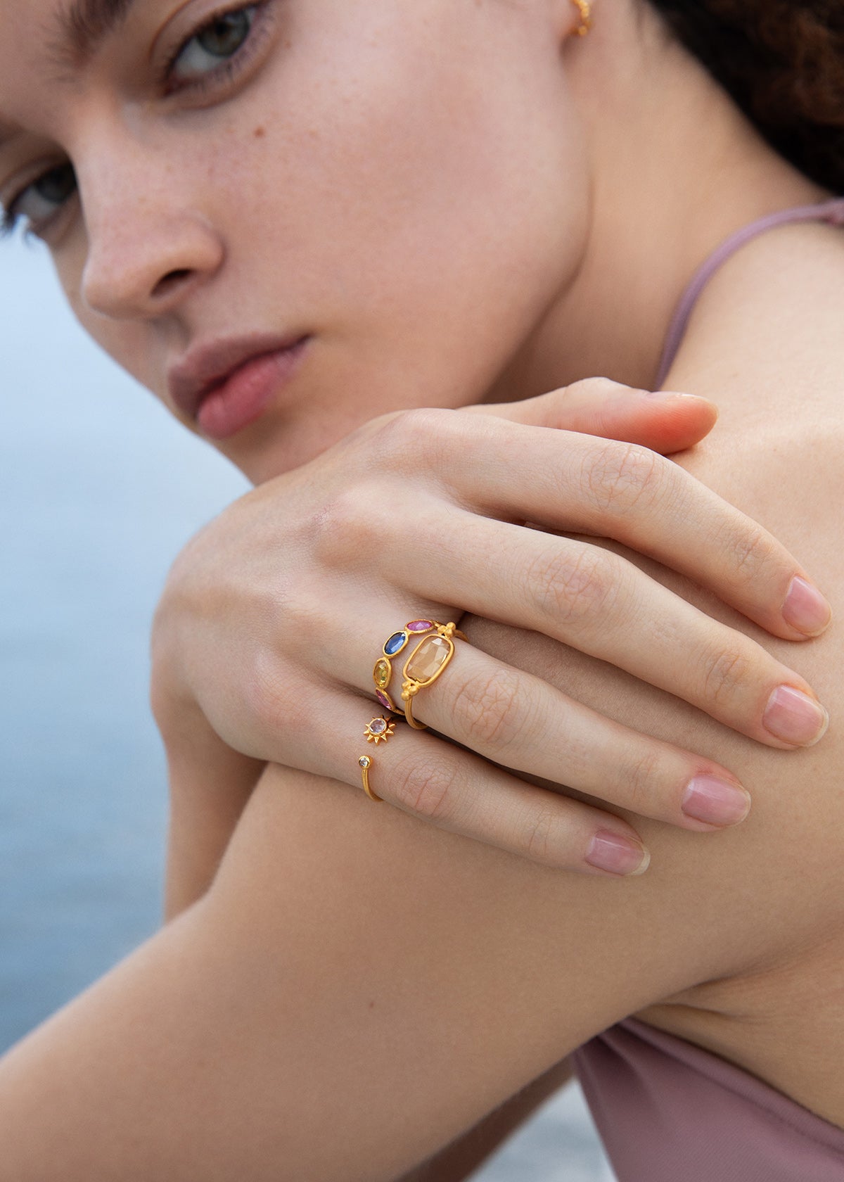 Citrine Stone And Gold Bead Ring