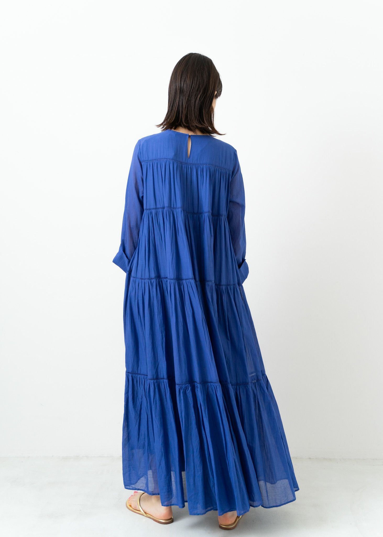 Cotton Voile Tiered Maxi Dress Blue