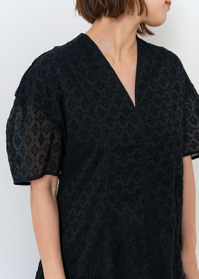 Sheer Jacquard  V Neck Dress