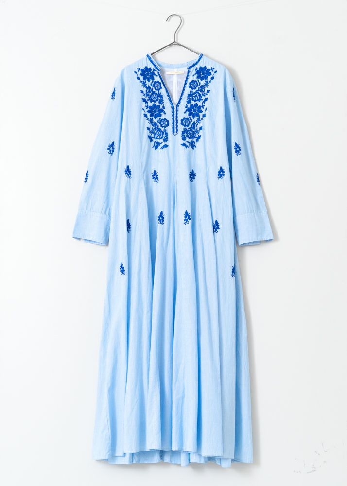 Stripe Chikan Embroidery Panel Dress