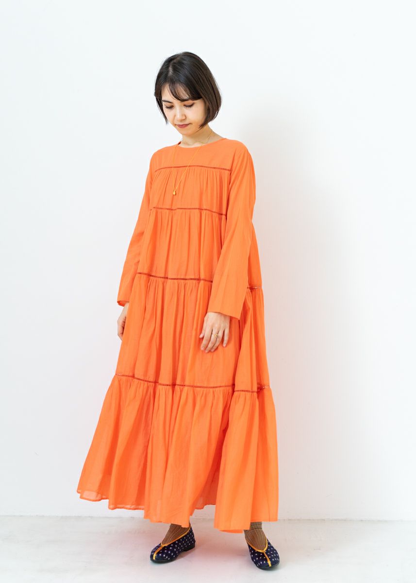 Cotton Voile Tiered Maxi Dress Orange