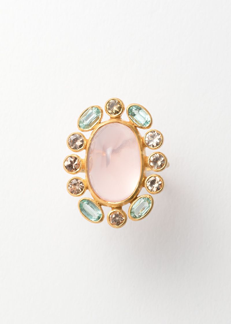 Rose Quartz With Green Beryl And Imperial Topaz Ring