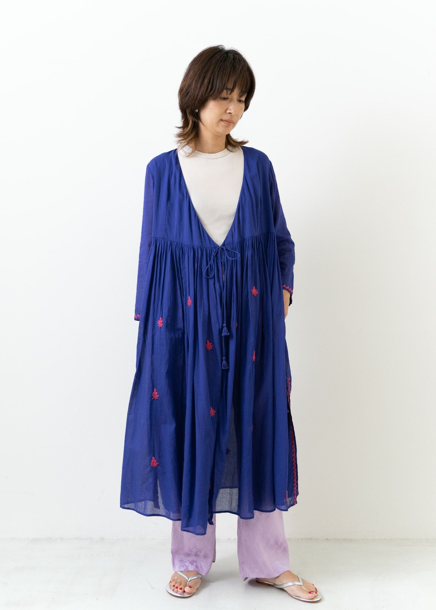 Cotton Chikan Embroidery Crossover Gown Blue