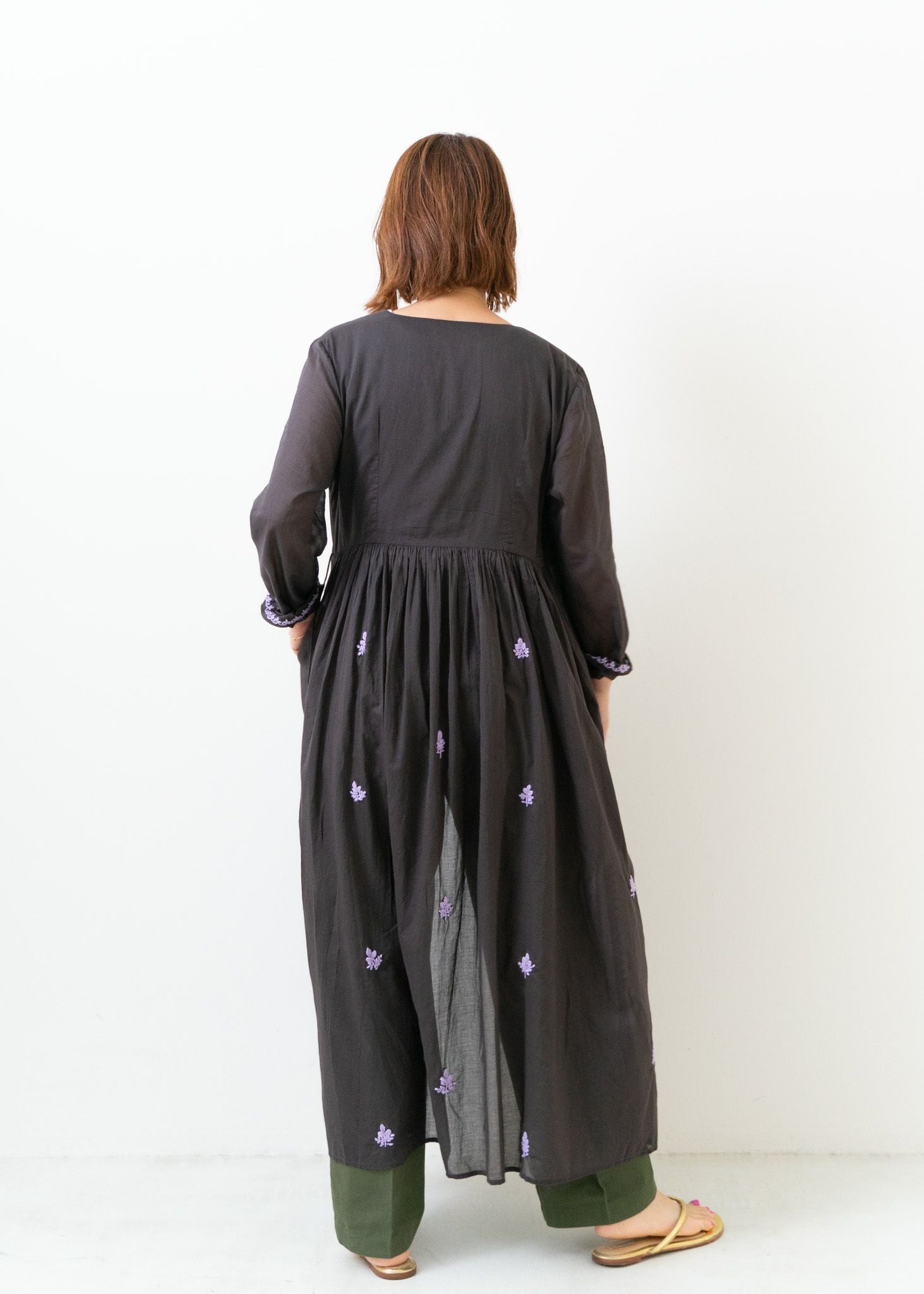 Cotton Chikan Embroidery Crossover Gown Charcoal