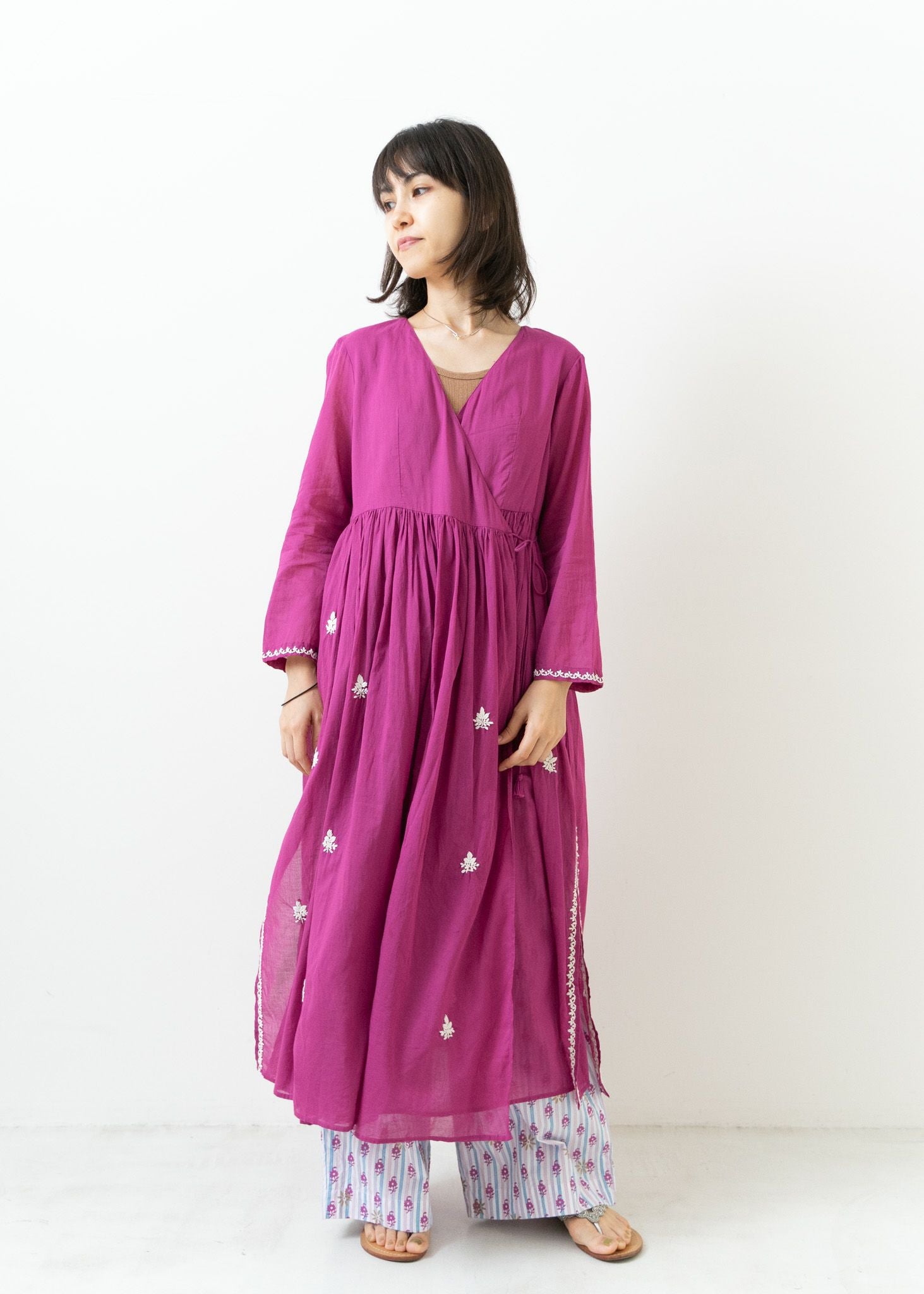 Cotton Chikan Embroidery Crossover Gown Pink