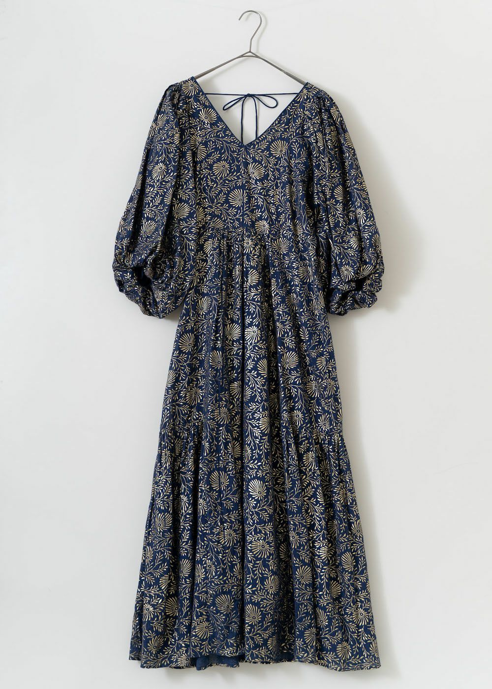 Cotton Voile Foil Flower Print Volume Sleeve Dress