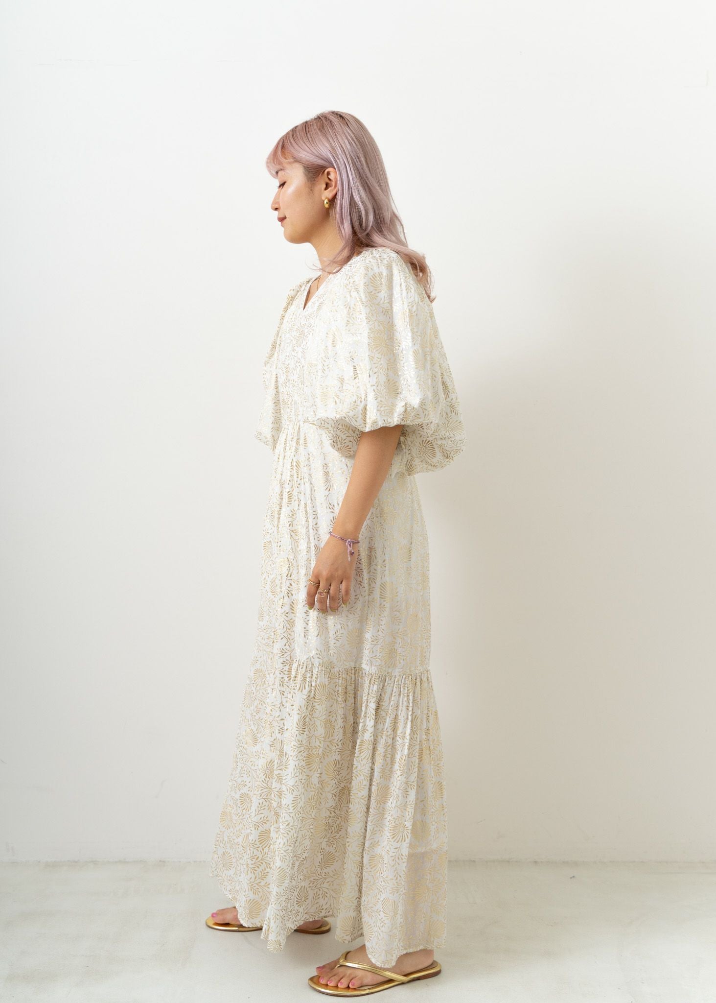 Cotton Voile Foil Flower Print Volume Sleeve Dress