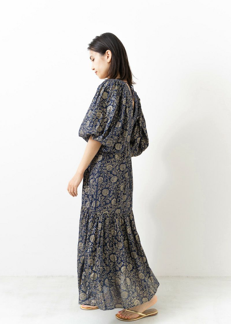 Cotton Voile Foil Flower Print Volume Sleeve Dress | Pasand by ne 