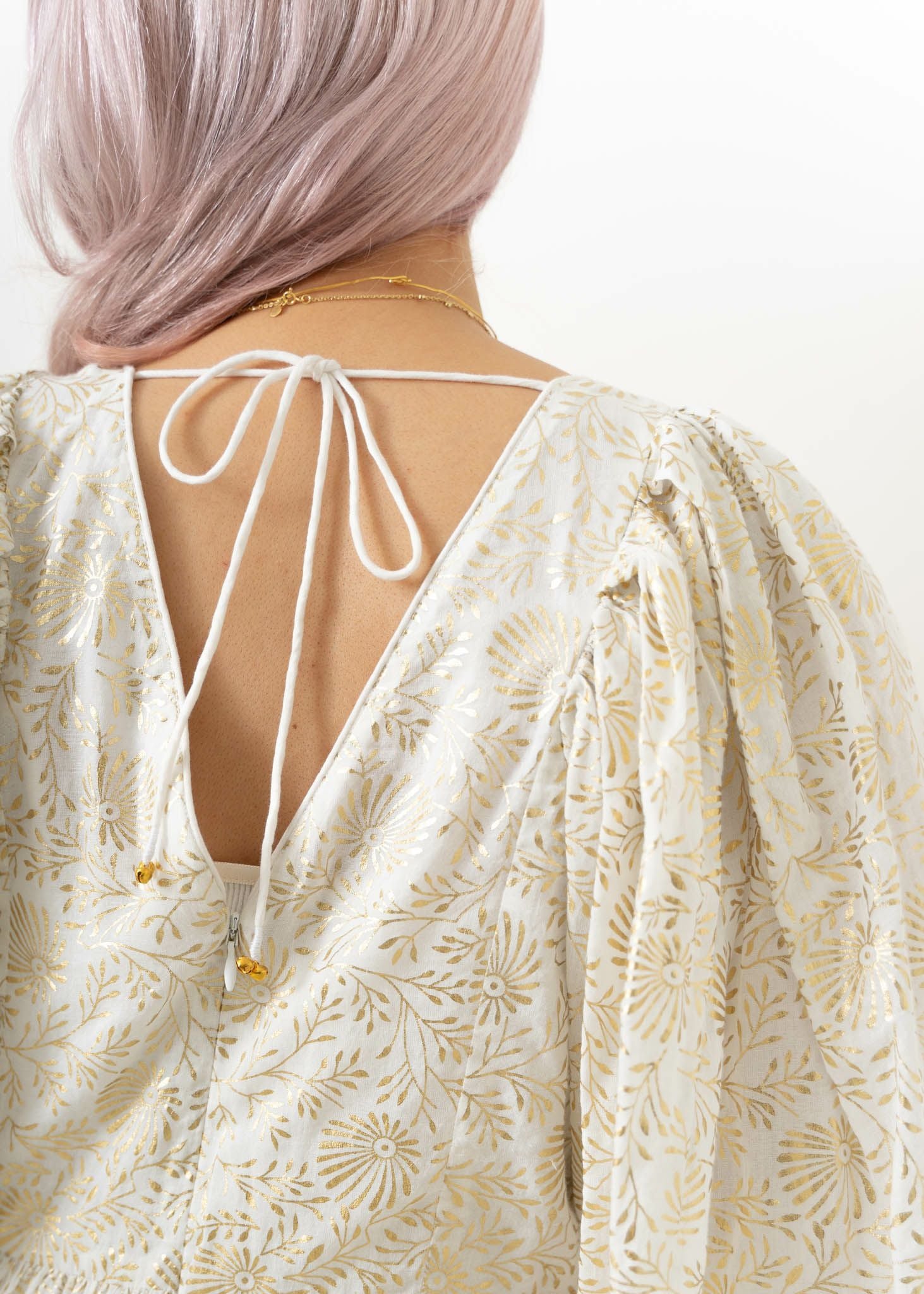 Cotton Voile Foil Flower Print Volume Sleeve Dress