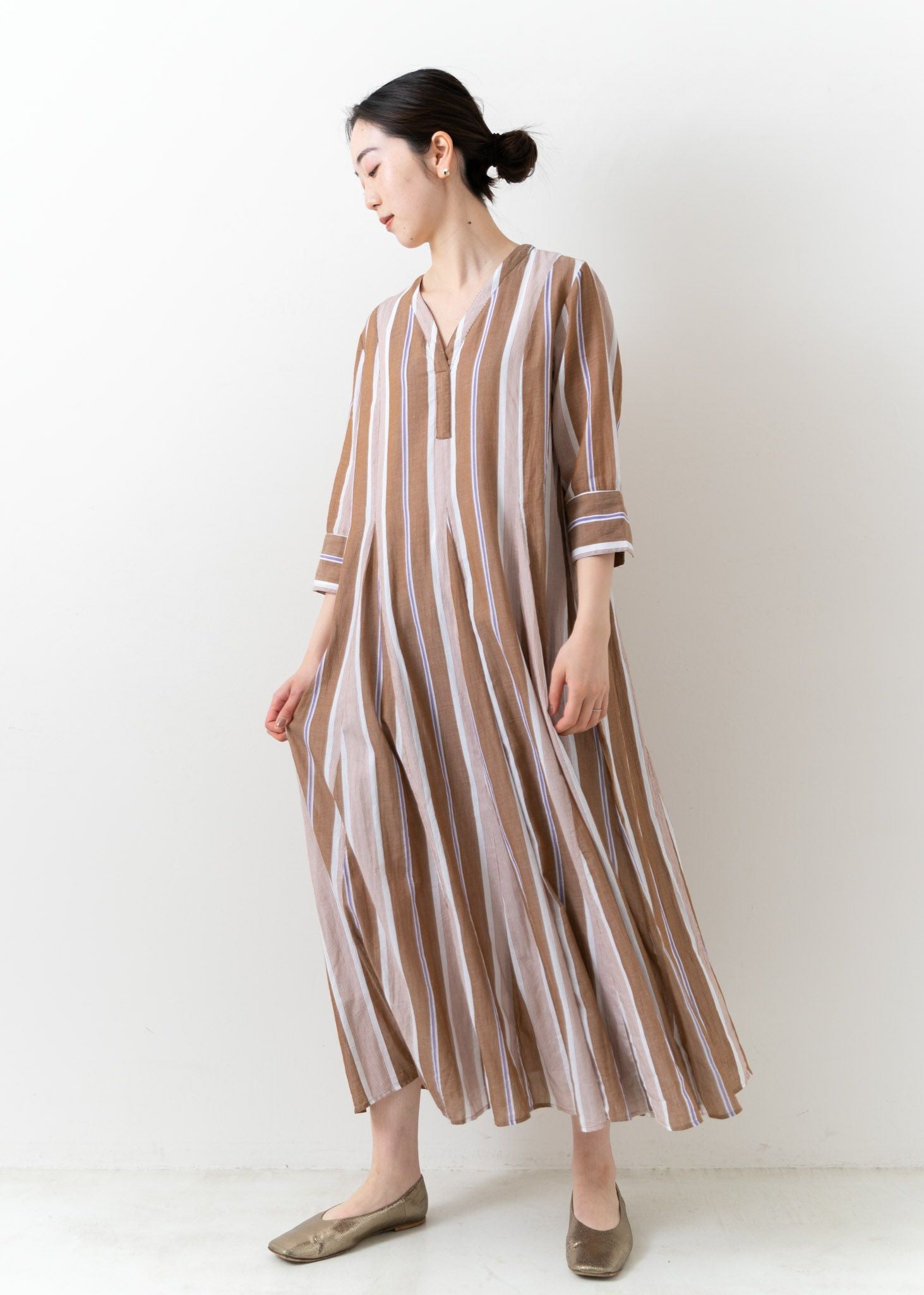 Cotton Stripe V Neck Dress