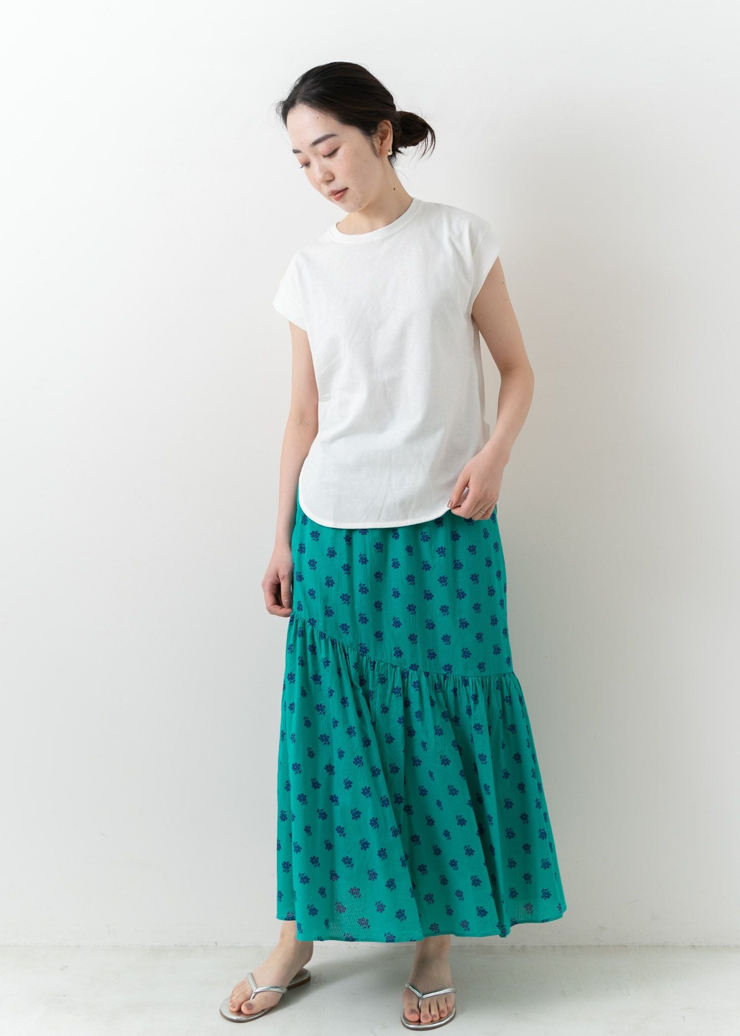 Cotton Dobby Stripe Flower Print Skirt