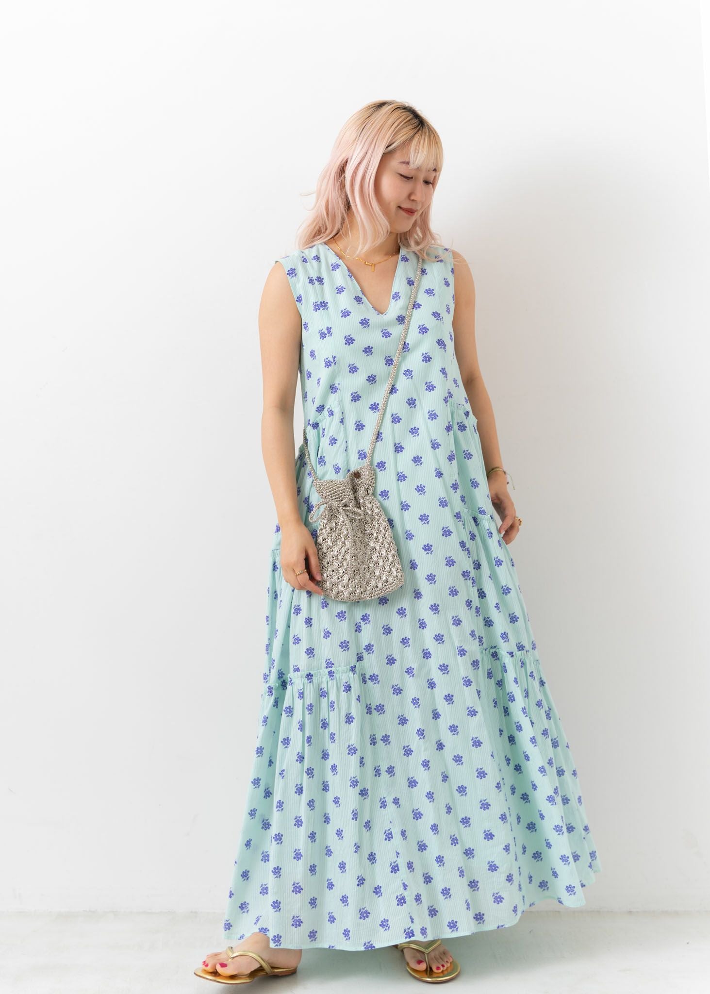 Cotton Dobby Stripe Flower Print Gather Dress | Pasand by ne