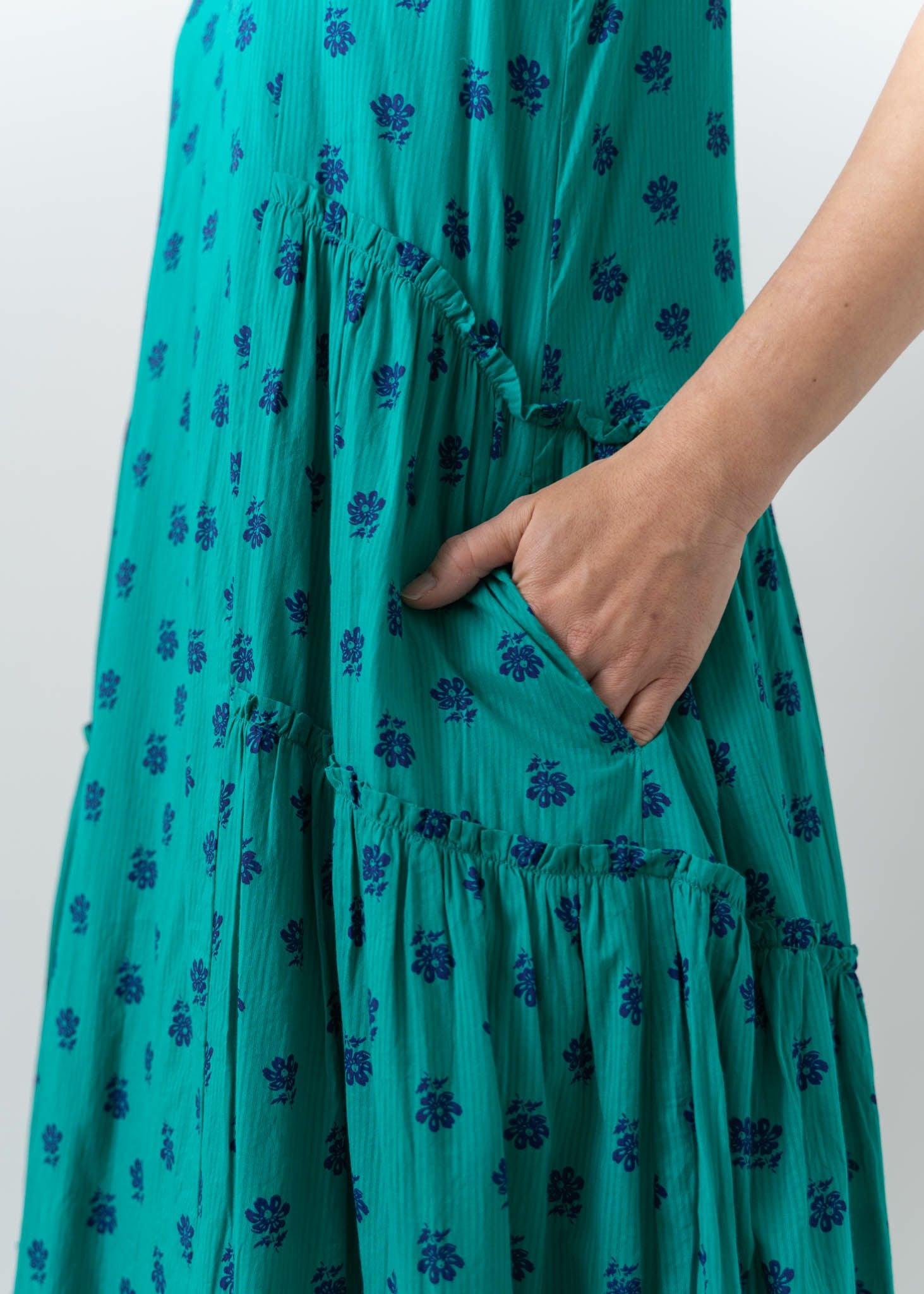 Cotton Dobby Stripe Flower Print Gather Dress