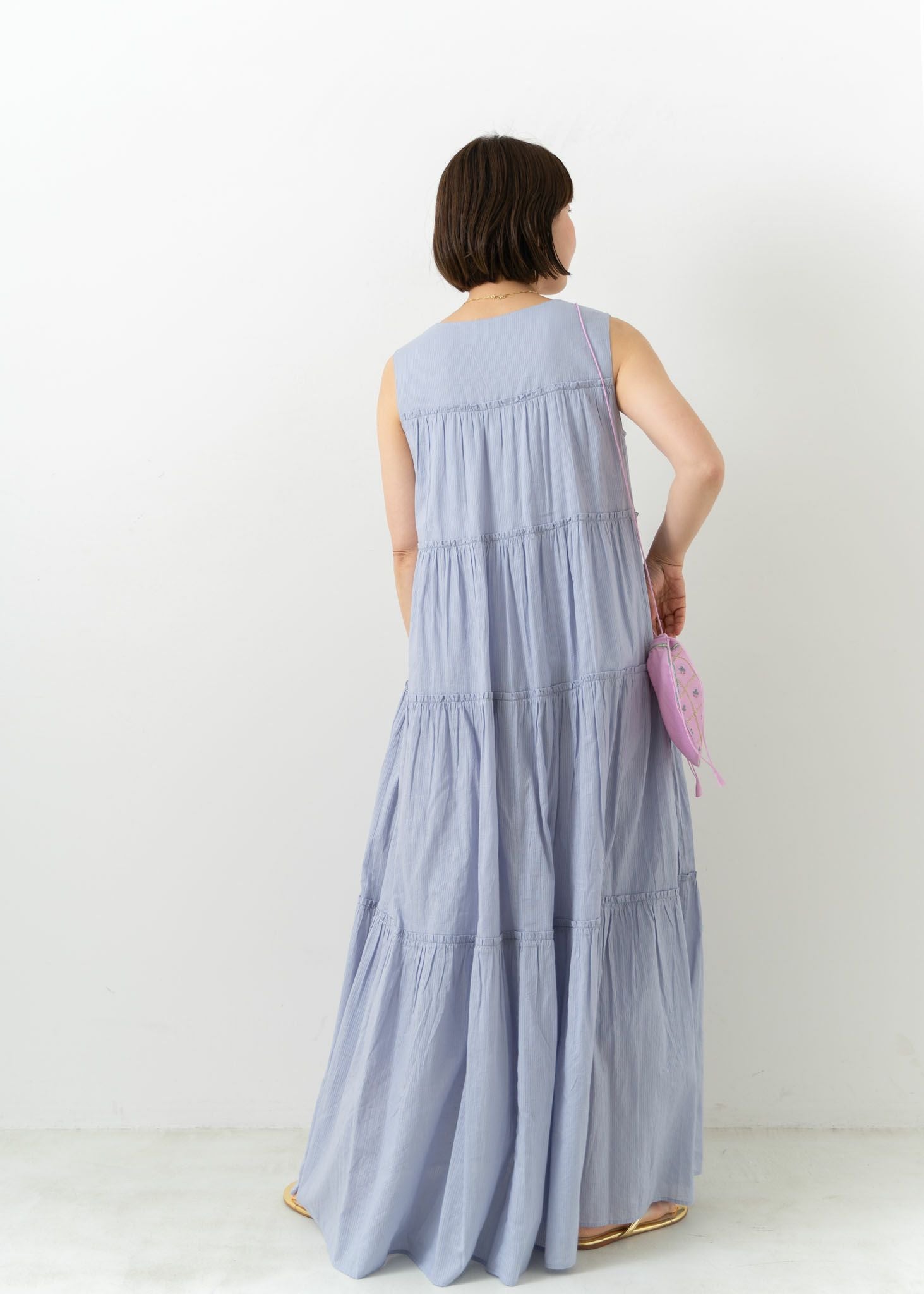Dobby Stripe Plain Gather Sleeveless Dress