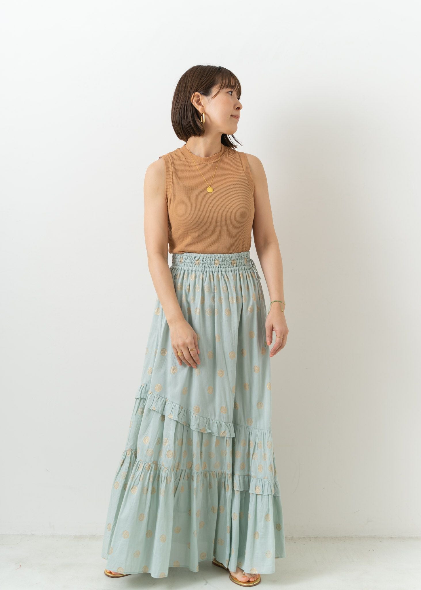 Cotton Silk Gold Print Skirt