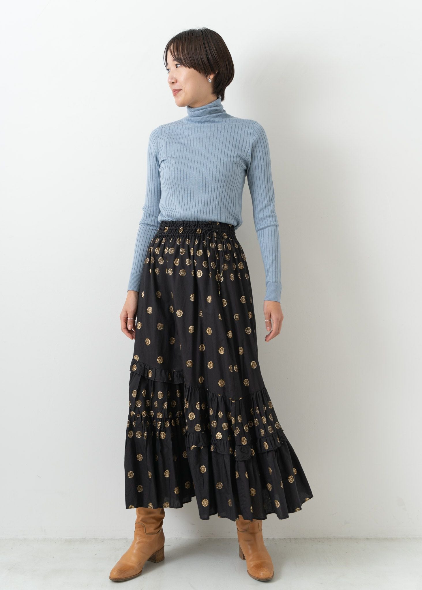 Cotton Silk Gold Print Skirt