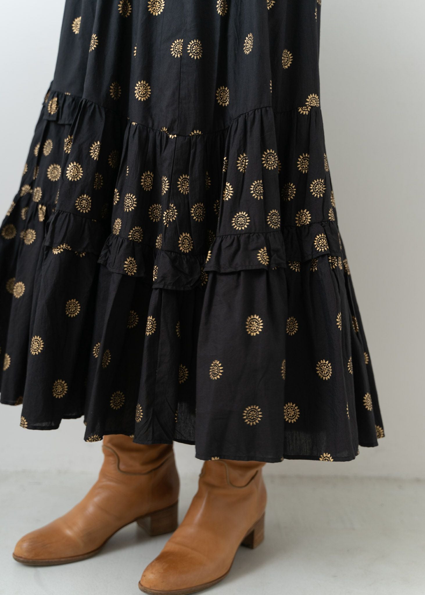 Cotton Silk Gold Print Skirt