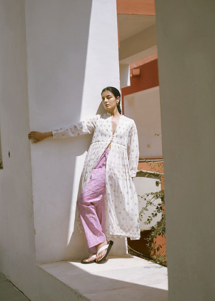 Cotton Silk Gold Print Embroidery Gown