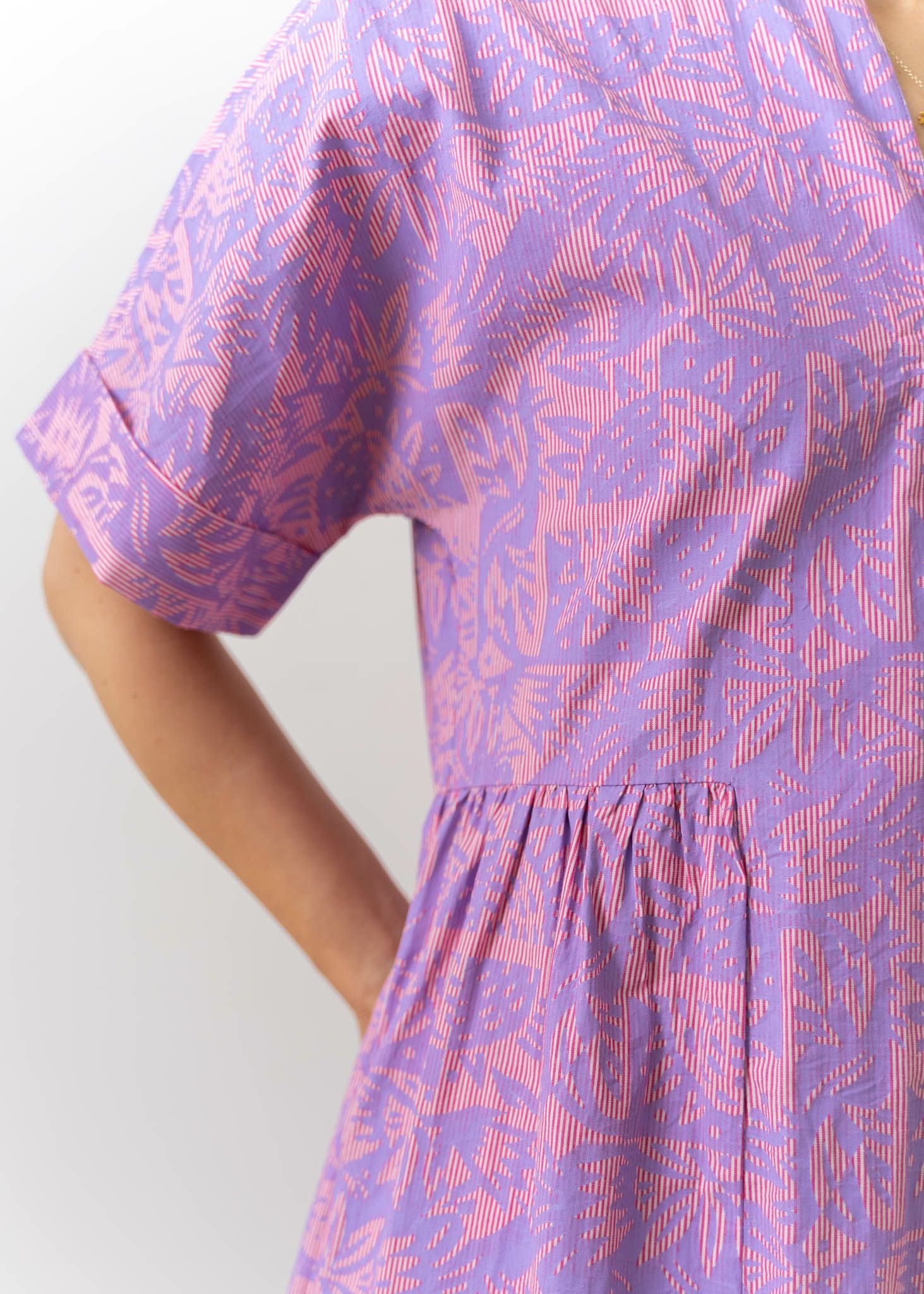 Poplin Stripe Block Print Short Sleeve Dress