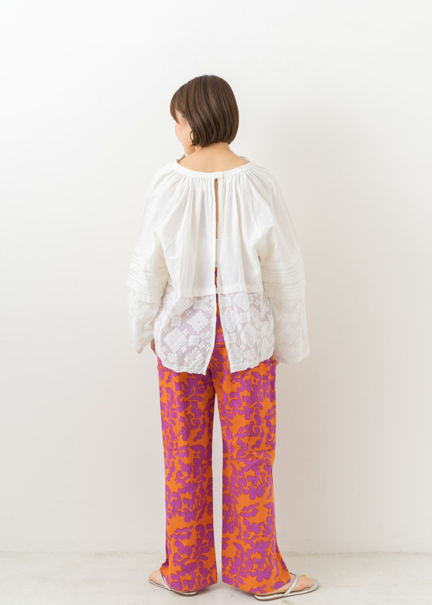 Cotton Linen Flower Print Tuck Pants