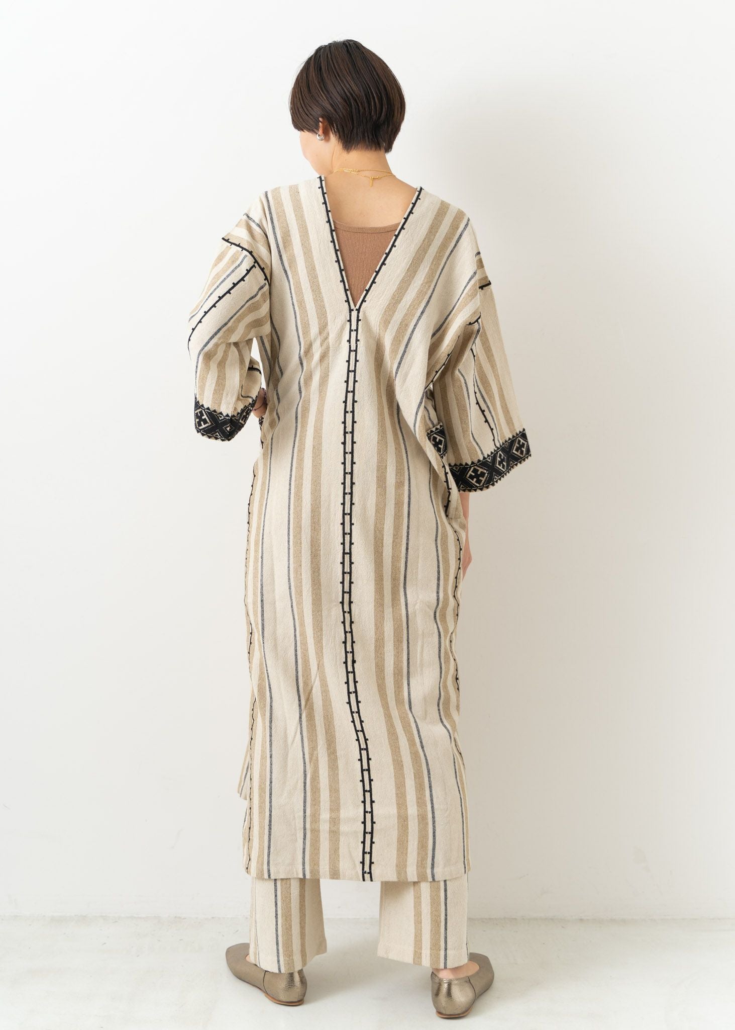 Cotton Silk Stripe Embroidery Dress