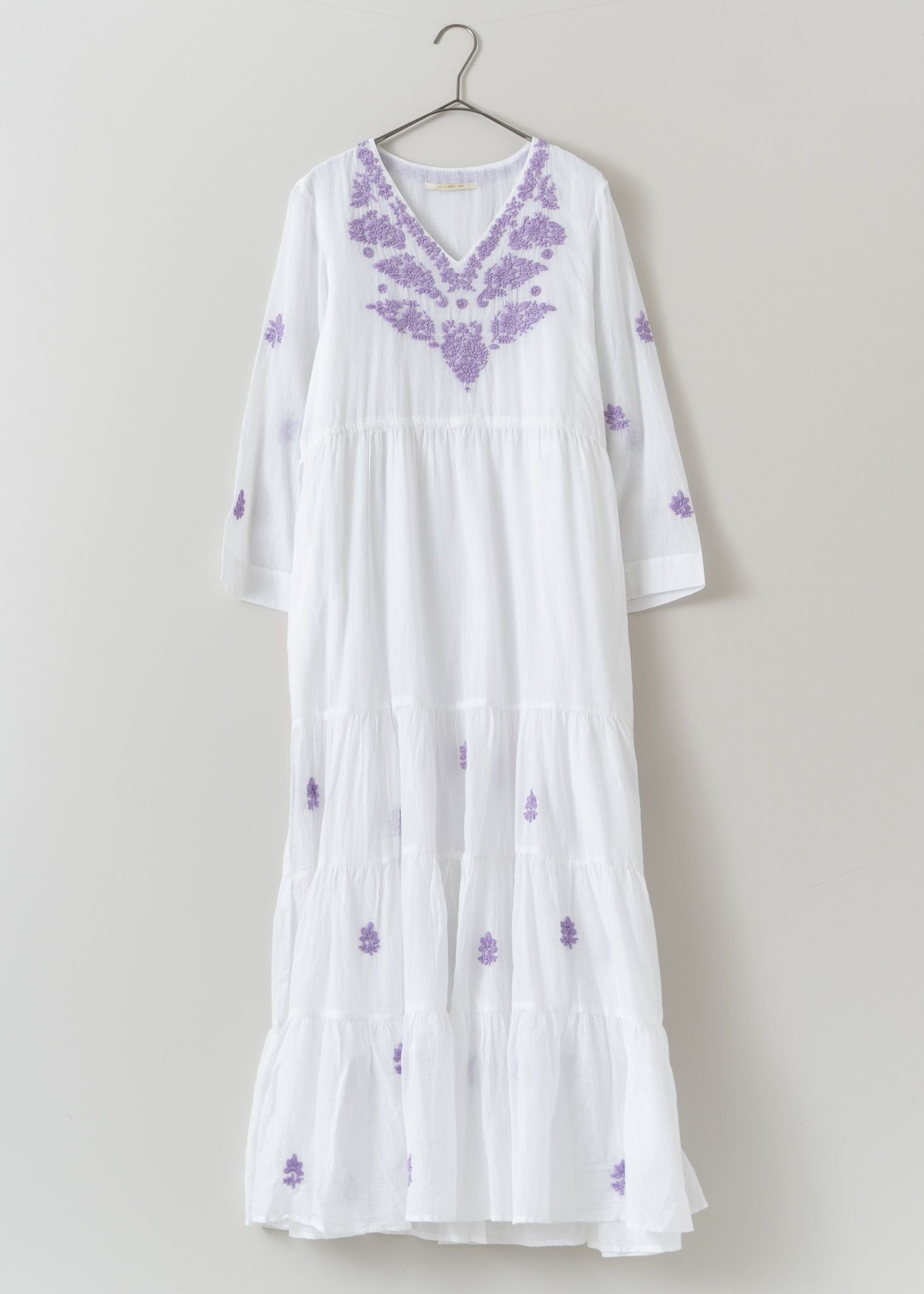 Cotton Chikan Embroidery V-Neck Dress