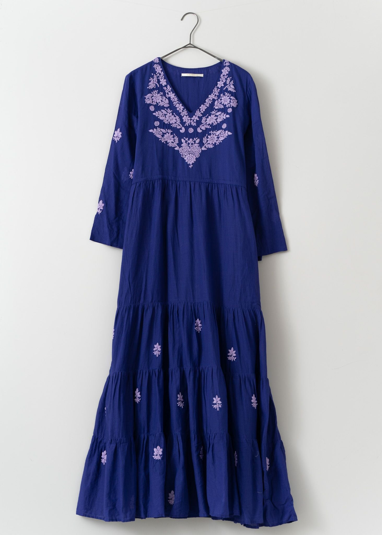 Cotton Chikan Embroidery V-Neck Dress