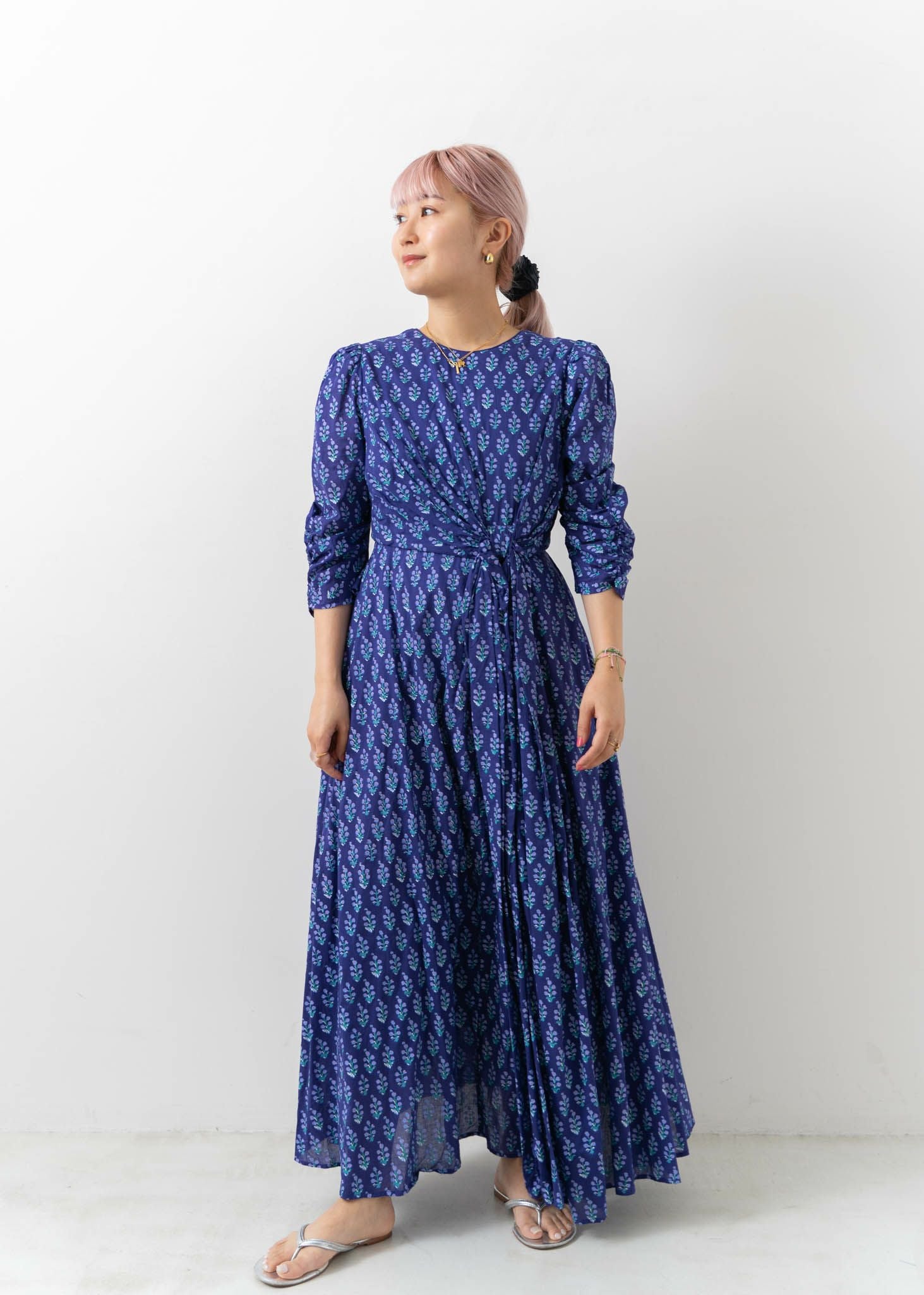 Cotton Voile Ethnic Print Twisted Waist Dress